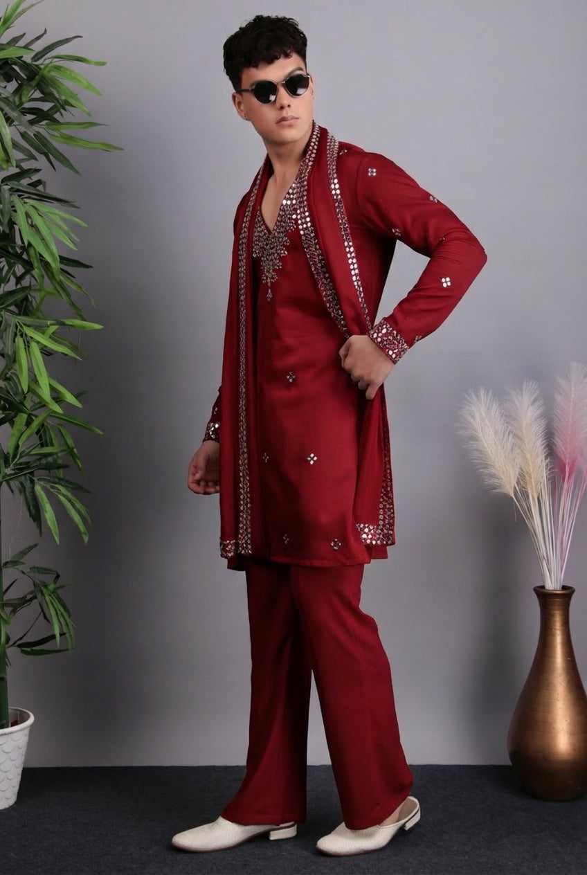 Men’s Kurta Set – Modal Satin in White with Brads, Stone and Mirror Embroidery | One Man Show