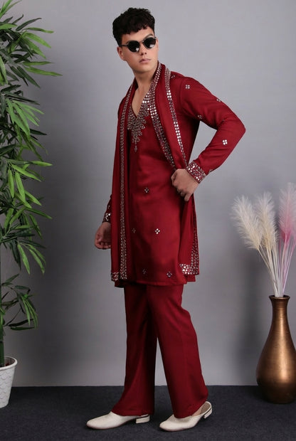 Men’s Kurta Set – Modal Satin in White with Brads, Stone and Mirror Embroidery | One Man Show