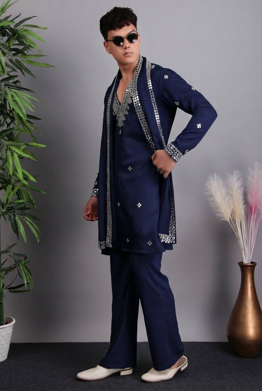 Men’s Kurta Set – Modal Satin in White with Brads, Stone and Mirror Embroidery | One Man Show
