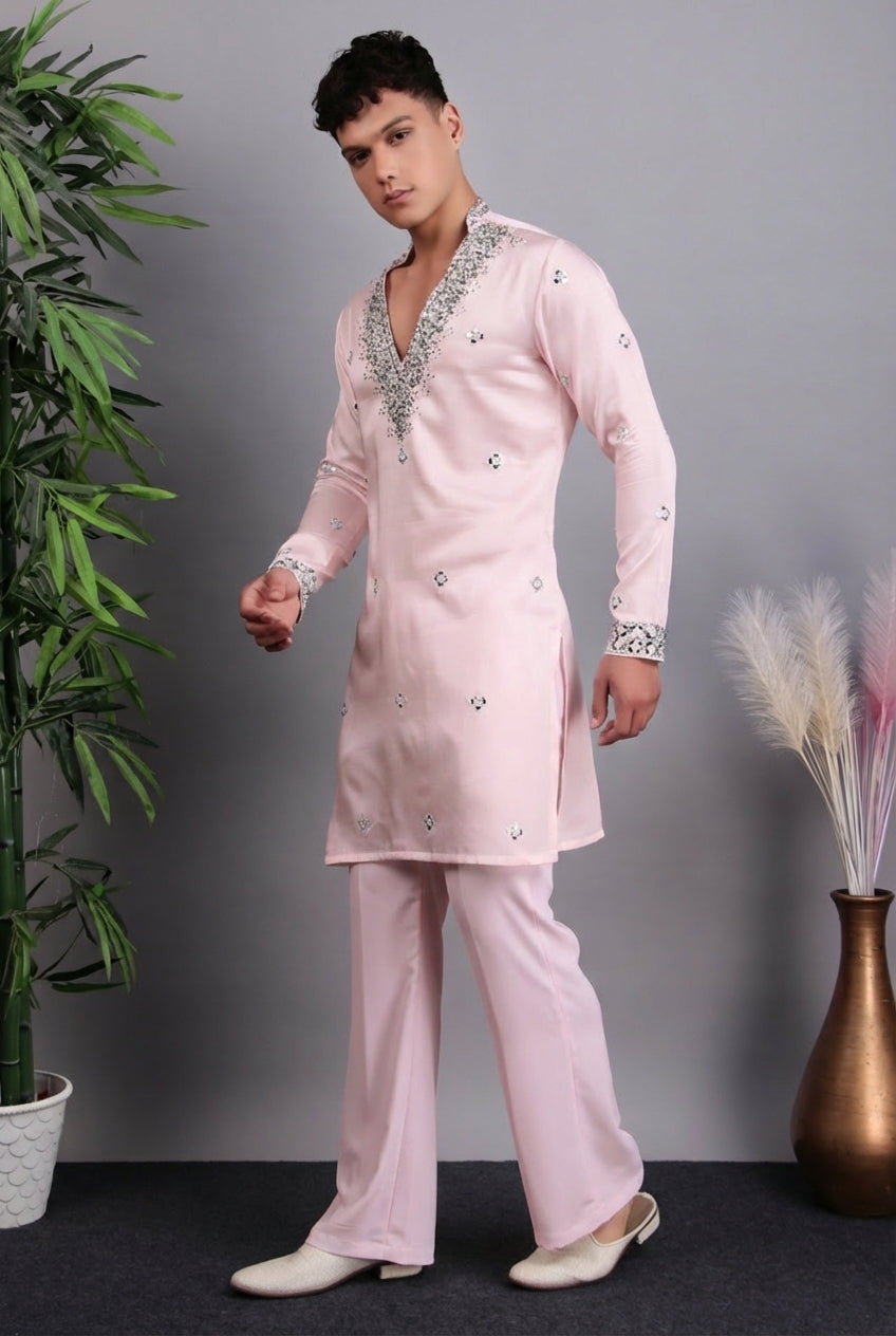 Detail view 11 - Men’s Kurta Set – Modal Satin in White with Brads, Stone and Mirror Embroidery