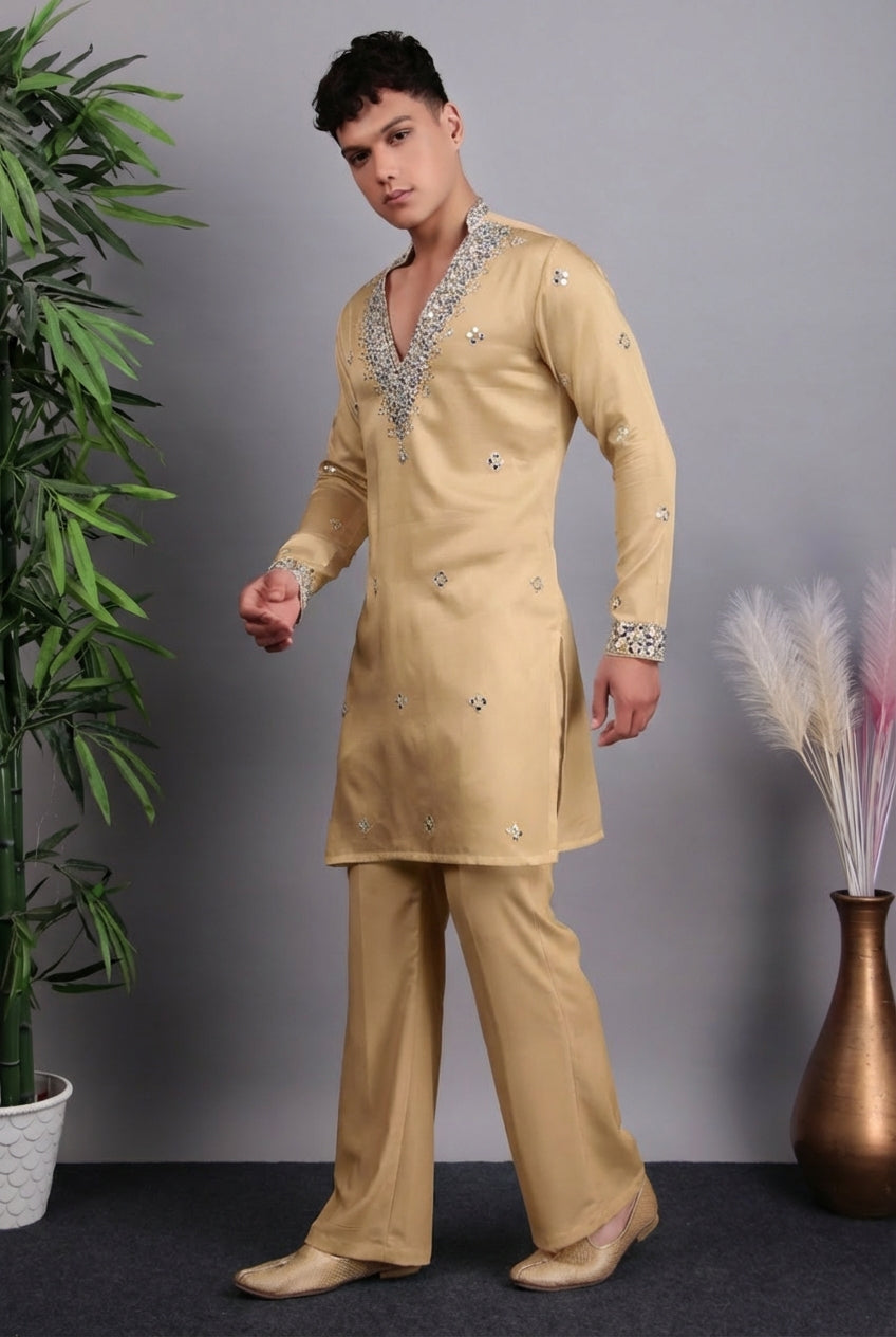 Men’s Kurta Set – Modal Satin in White with Brads, Stone and Mirror Embroidery | One Man Show