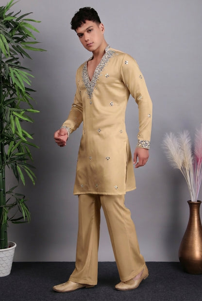Men’s Kurta Set – Modal Satin in White with Brads, Stone and Mirror Embroidery | One Man Show