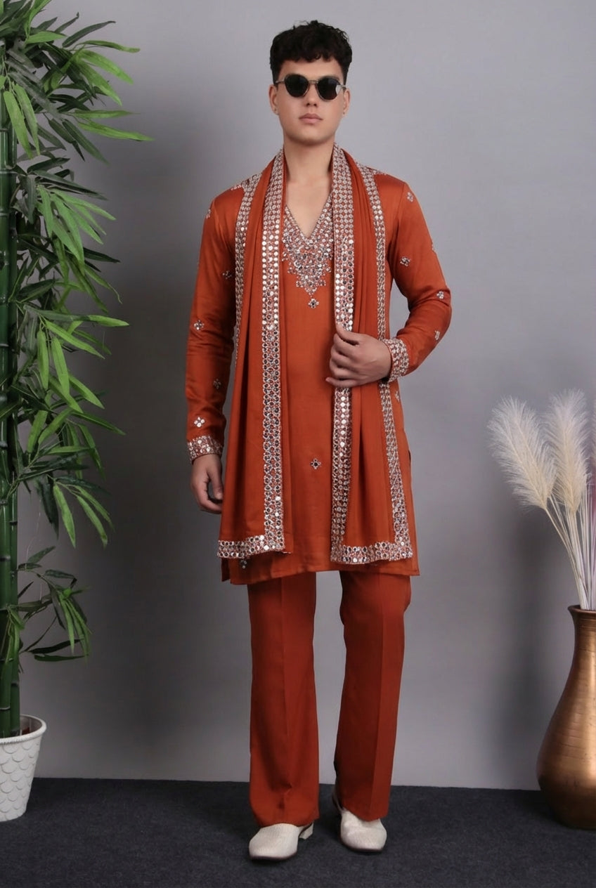 Men’s Kurta Set – Modal Satin in White with Brads, Stone and Mirror Embroidery | One Man Show