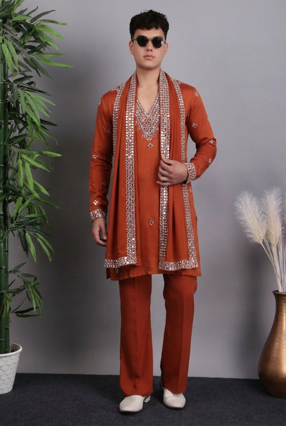 Men’s Kurta Set – Modal Satin in White with Brads, Stone and Mirror Embroidery | One Man Show