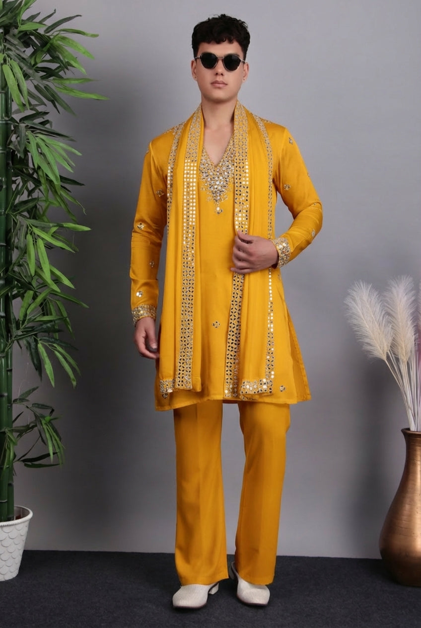 Detail view 14 - Men’s Kurta Set – Modal Satin in White with Brads, Stone and Mirror Embroidery