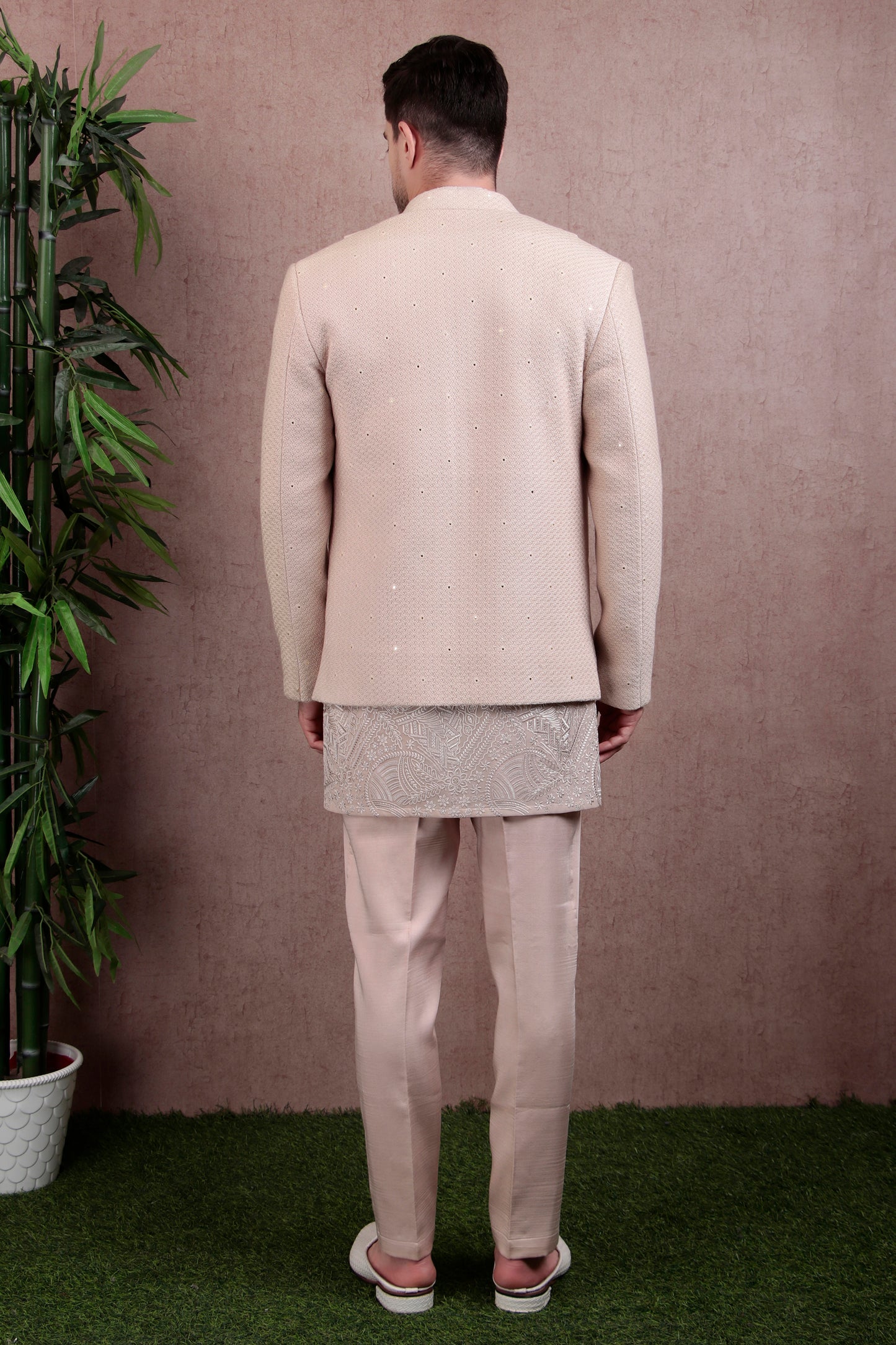Detail view 3 - Men’s Kurta Set – Silk in Beige with Silk Thread Embroidered Jacket over Georgette Kurta