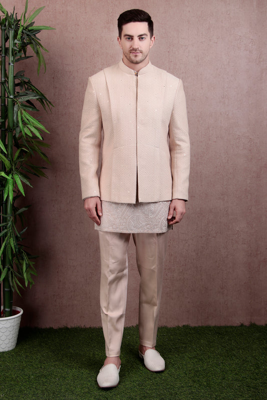 Front view - Men’s Kurta Set – Silk in Beige with Silk Thread Embroidered Jacket over Georgette Kurta