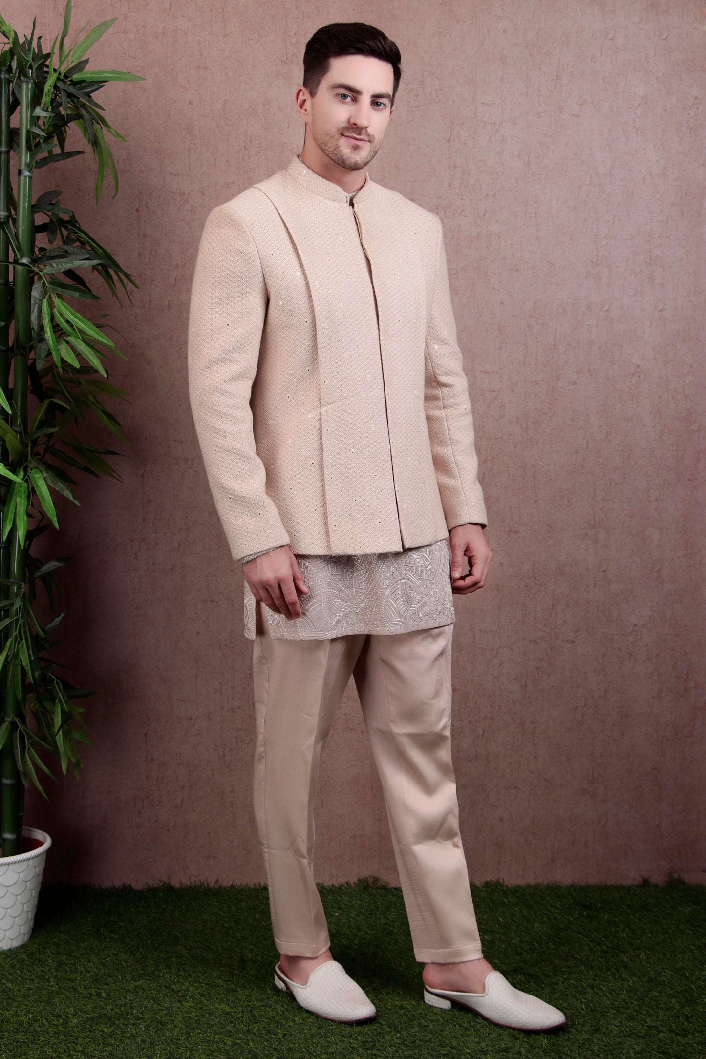 Detail view 4 - Men’s Kurta Set – Silk in Beige with Silk Thread Embroidered Jacket over Georgette Kurta