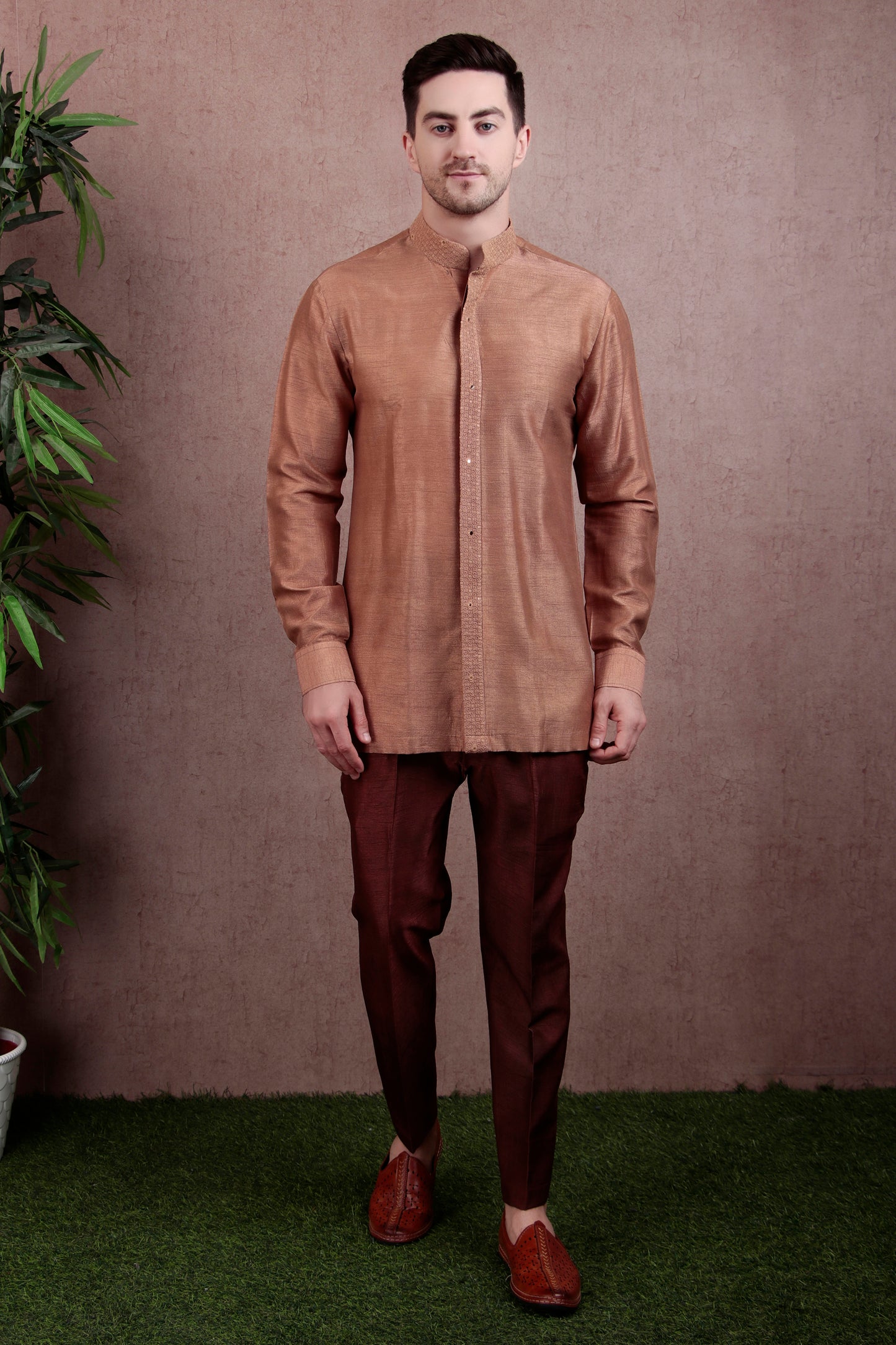 Back view - Men’s Jodhpuri Kurta Set – Silk in Light Brown with Silk Thread Embroidery & Layered Open Front