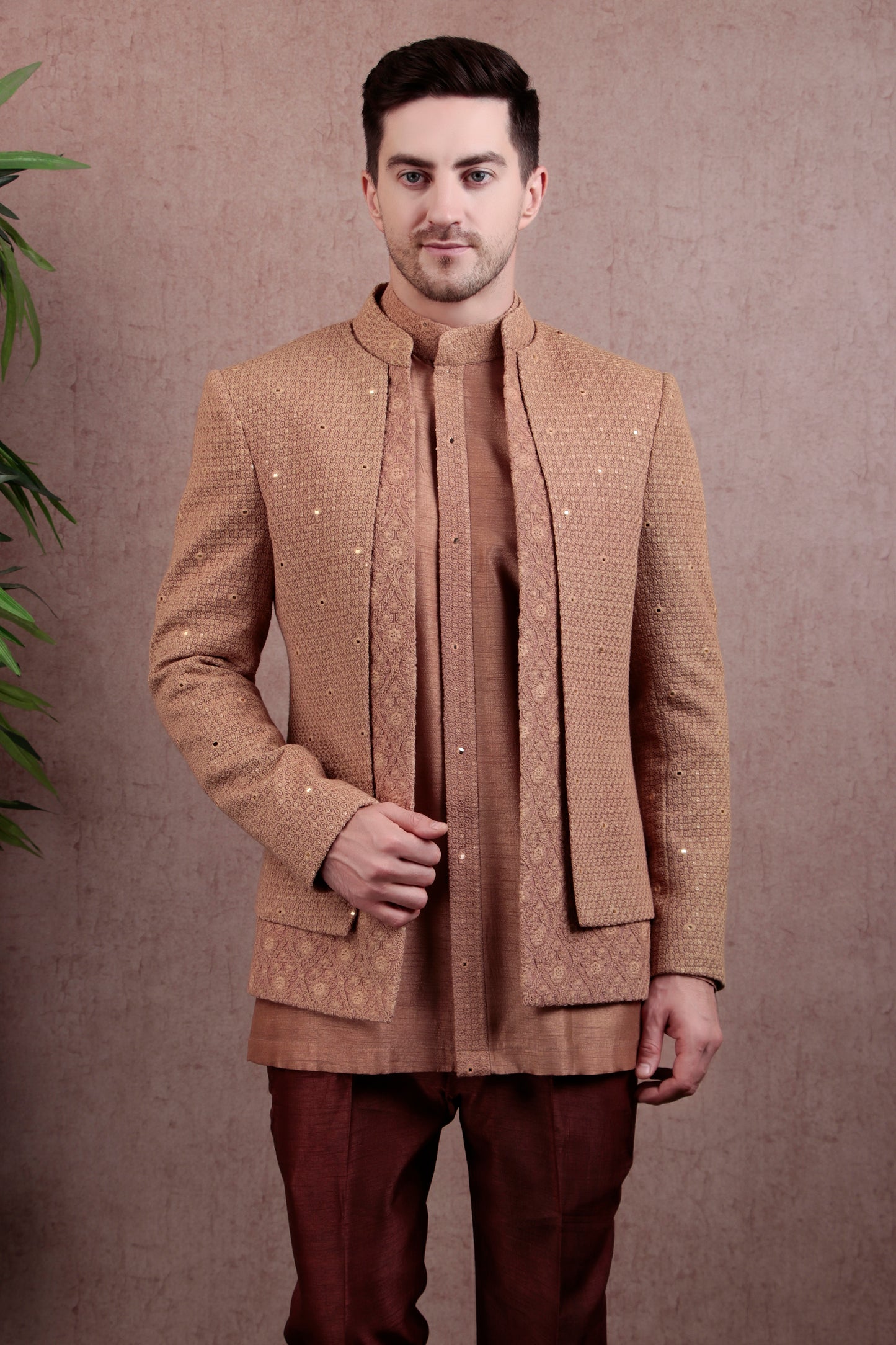 Detail view 1 - Men’s Jodhpuri Kurta Set – Silk in Light Brown with Silk Thread Embroidery & Layered Open Front
