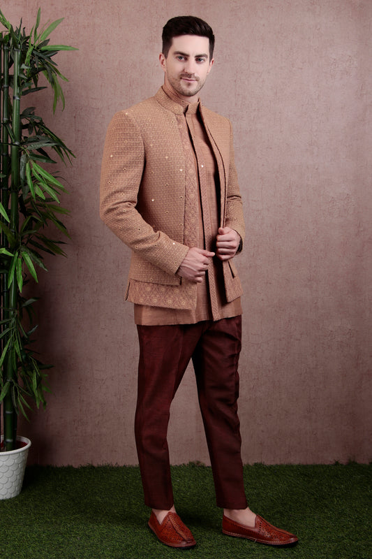Men’s Jodhpuri Kurta Set – Silk in Light Brown with Silk Thread Embroidery & Layered Open Front | One Man Show