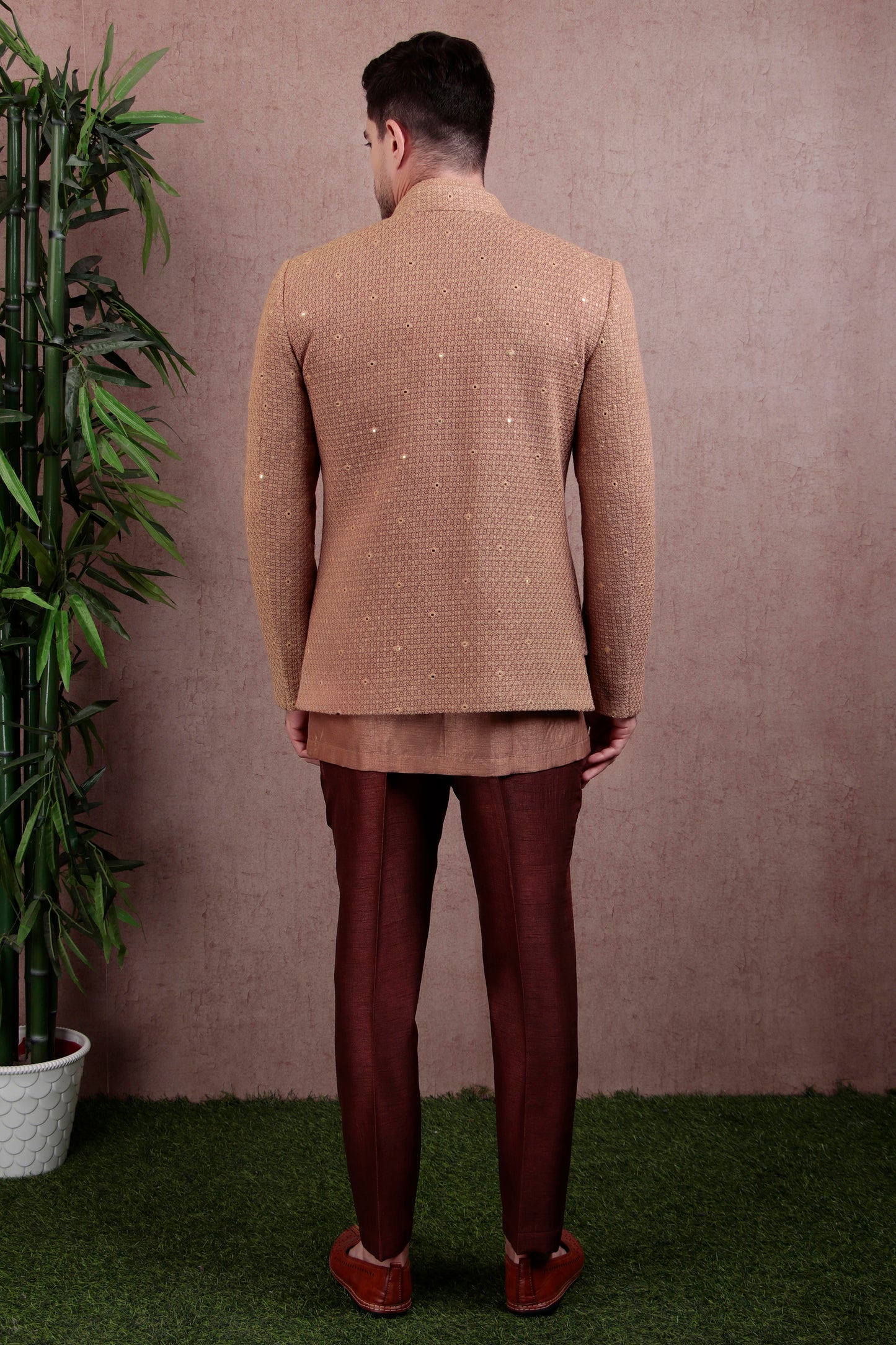 Detail view 2 - Men’s Jodhpuri Kurta Set – Silk in Light Brown with Silk Thread Embroidery & Layered Open Front