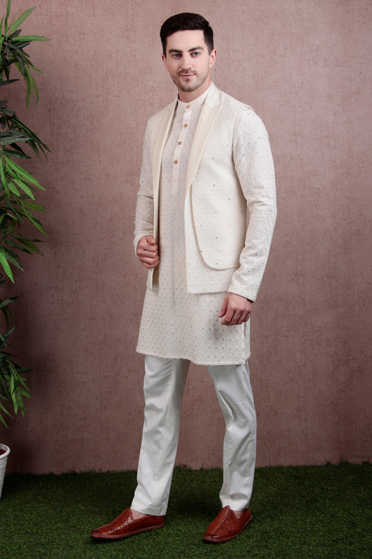 Front view - Men’s Designer Kurta Set – Georgette in Ivory with Silk Thread Embroidery & Lapel Jacket Cut