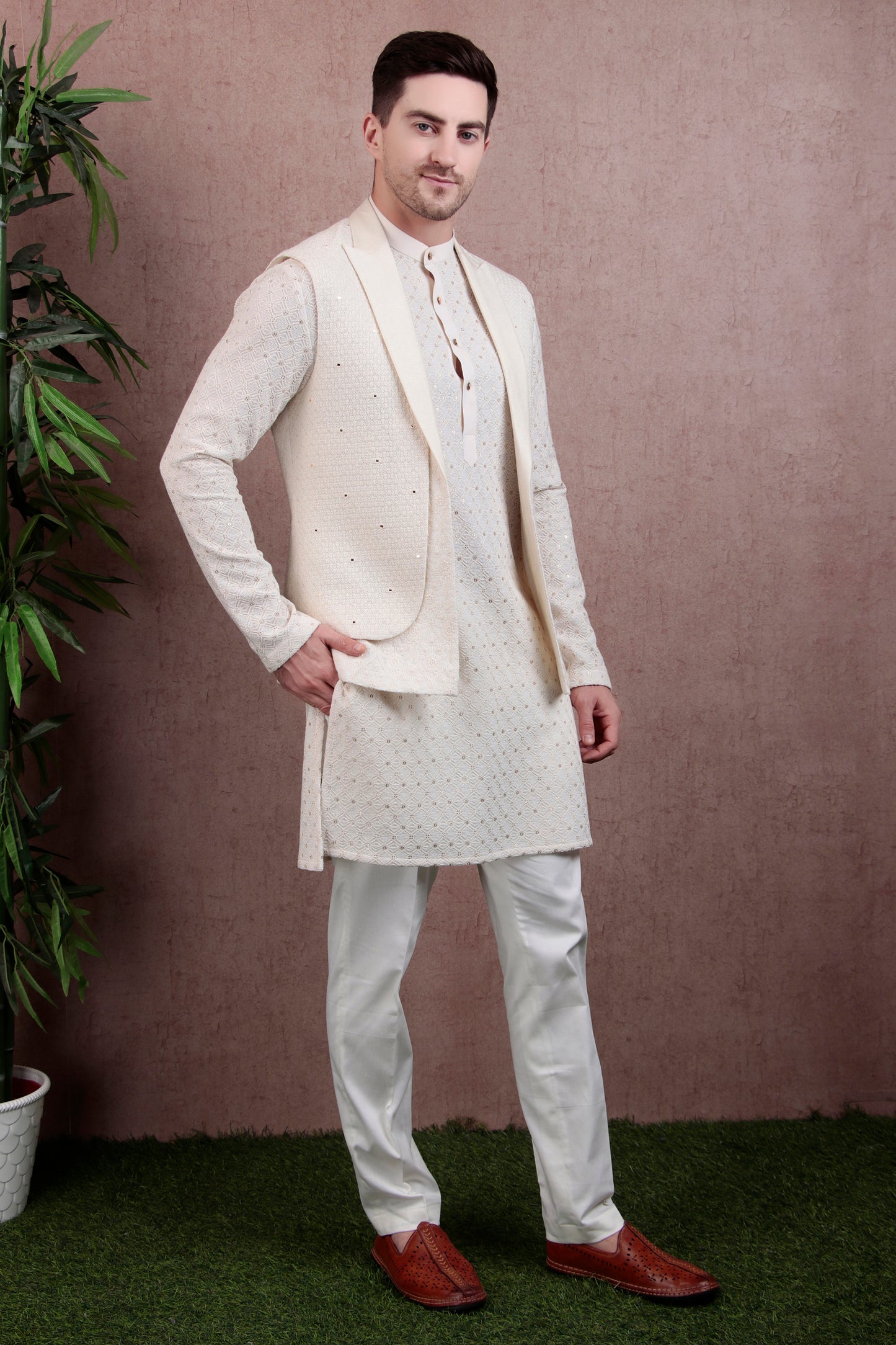 Detail view 2 - Men’s Designer Kurta Set – Georgette in Ivory with Silk Thread Embroidery & Lapel Jacket Cut