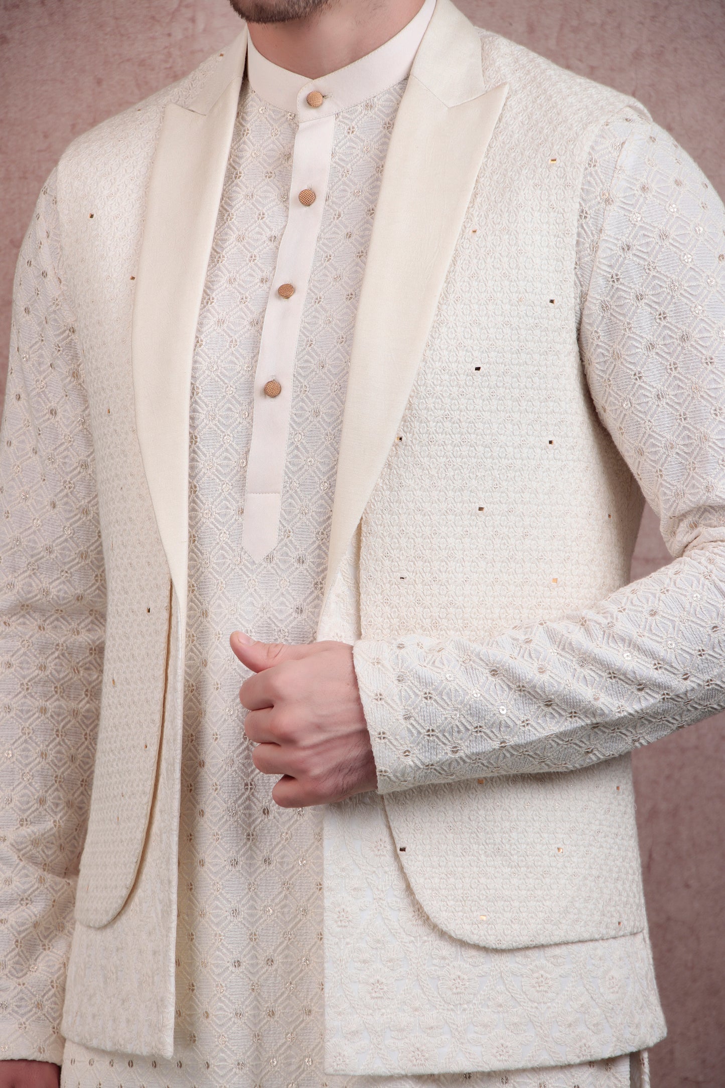 Detail view 3 - Men’s Designer Kurta Set – Georgette in Ivory with Silk Thread Embroidery & Lapel Jacket Cut