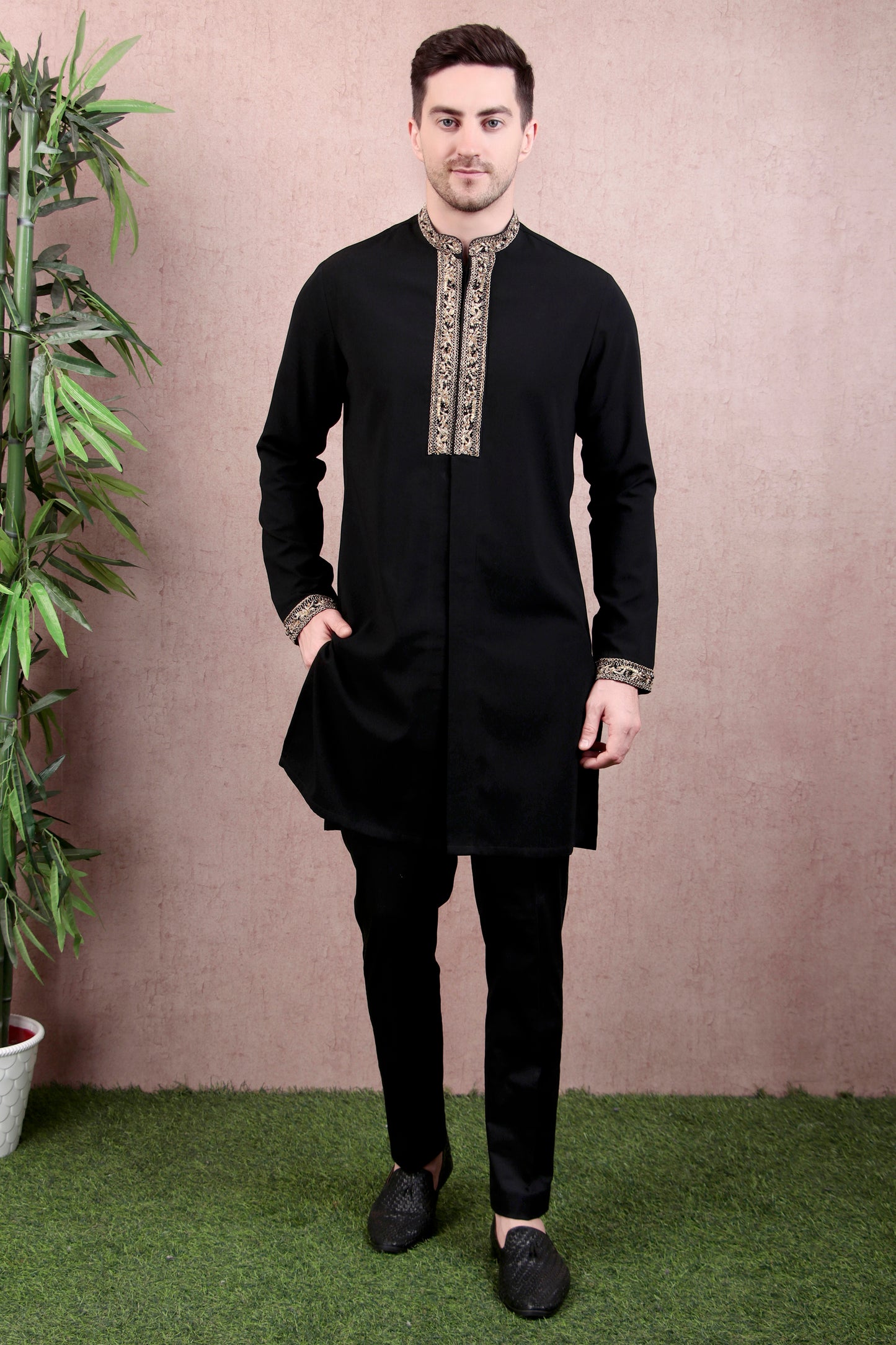 Front view - Men’s Kurta Set – Japanese Lycra (Poly Spandex) in Black with Zari Tape Collar & Placket