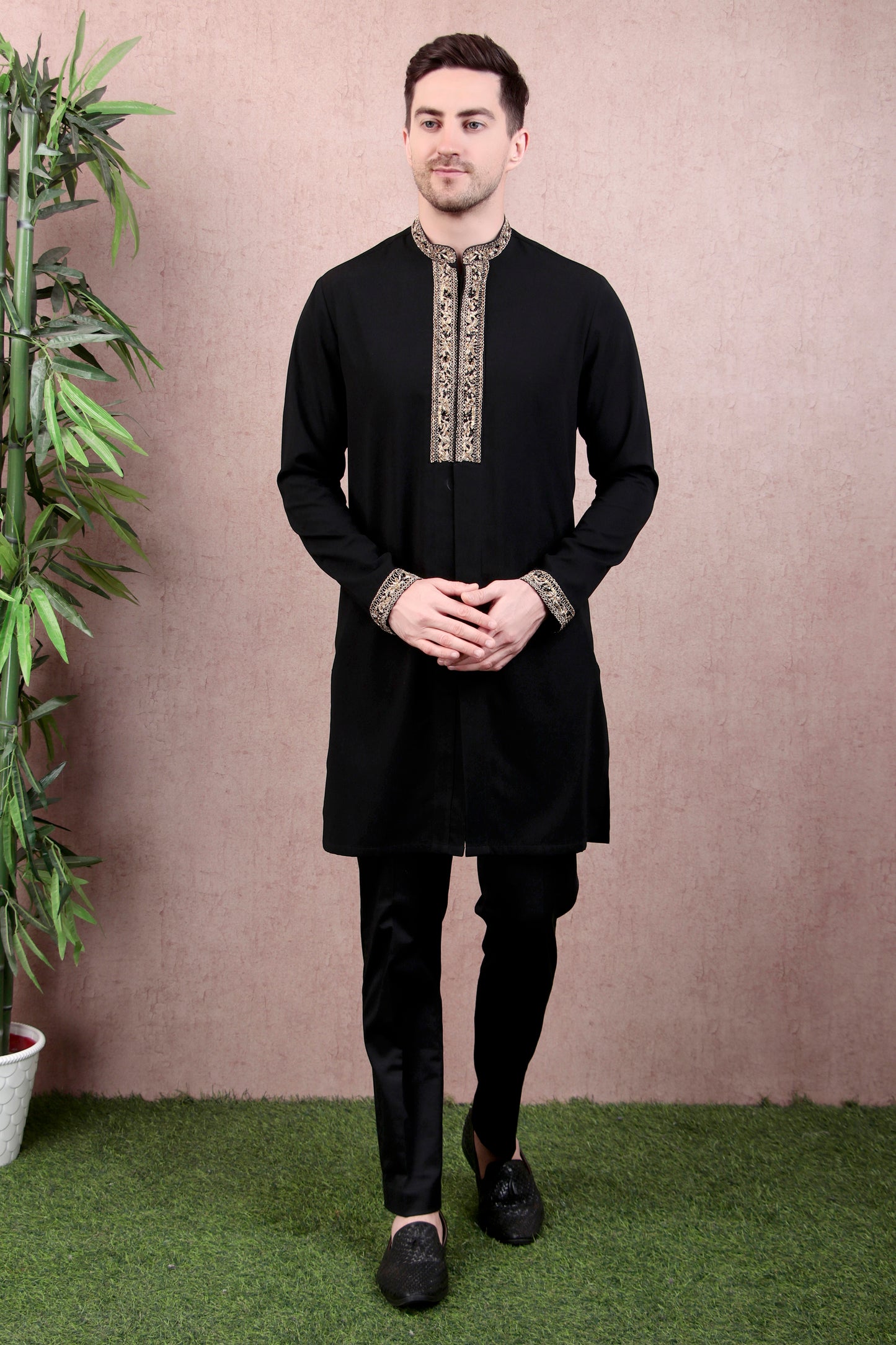 Detail view 3 - Men’s Kurta Set – Japanese Lycra (Poly Spandex) in Black with Zari Tape Collar & Placket