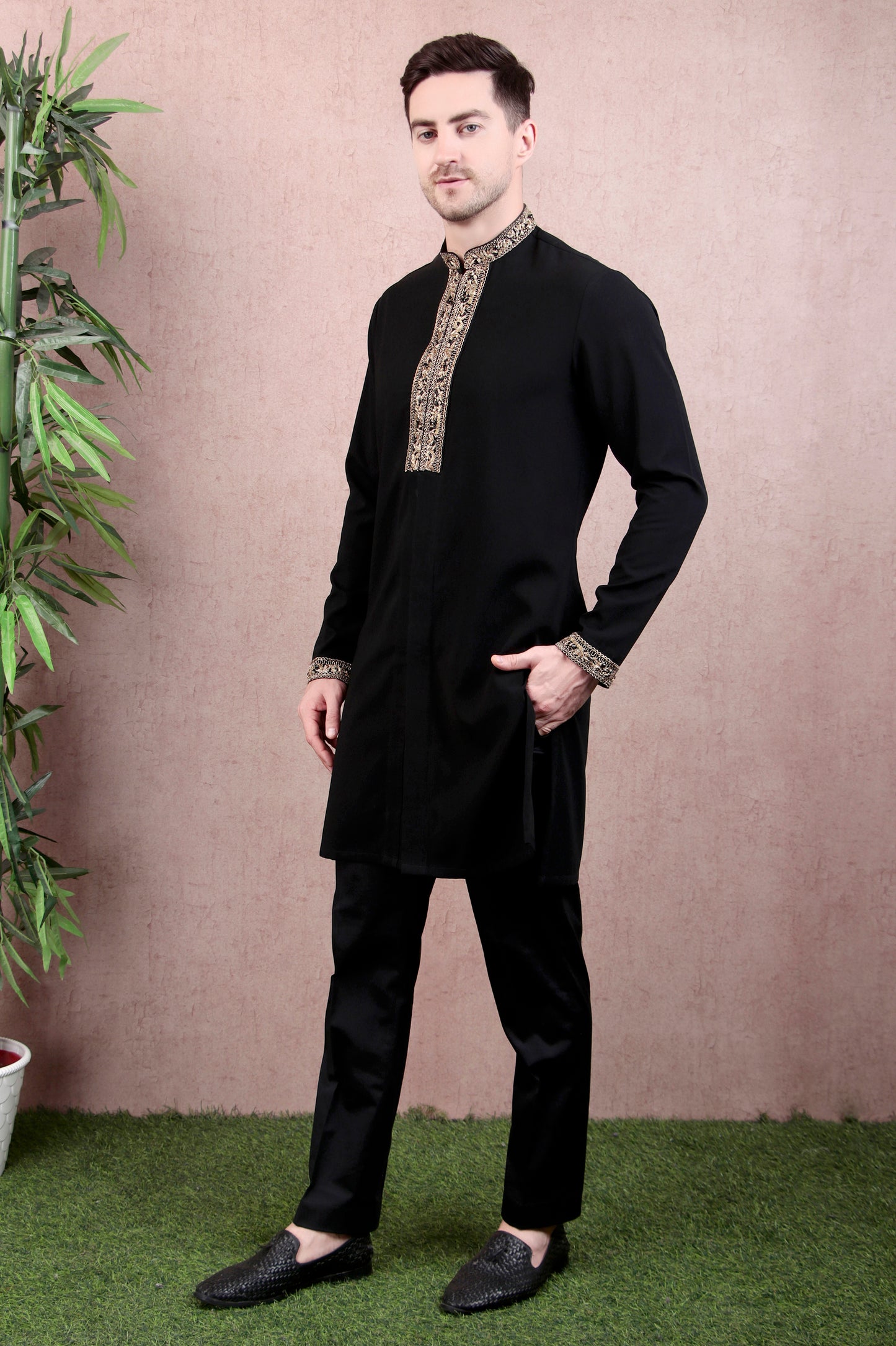 Side view - Men’s Kurta Set – Japanese Lycra (Poly Spandex) in Black with Zari Tape Collar & Placket