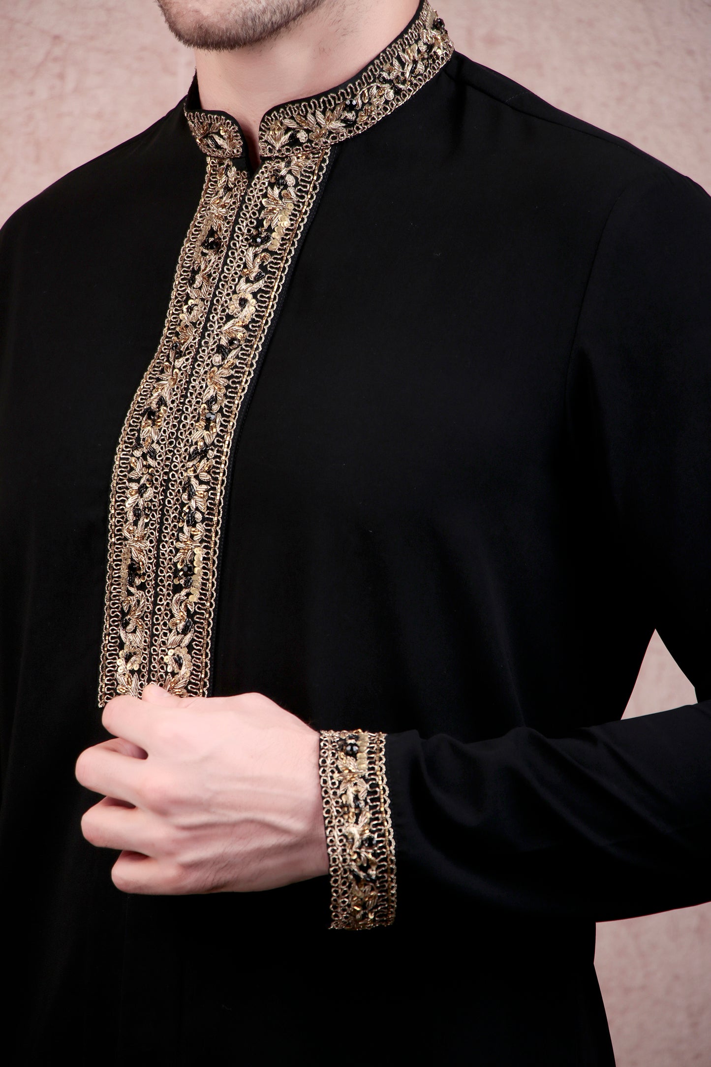 Detail view 1 - Men’s Kurta Set – Japanese Lycra (Poly Spandex) in Black with Zari Tape Collar & Placket