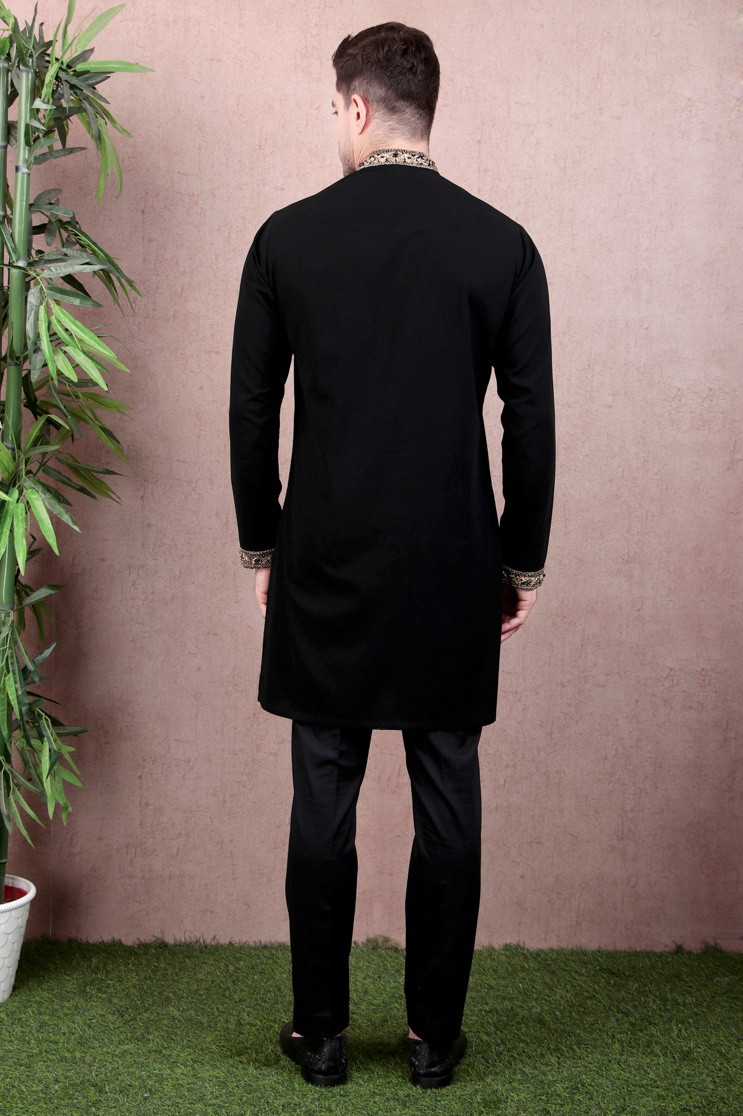Detail view 2 - Men’s Kurta Set – Japanese Lycra (Poly Spandex) in Black with Zari Tape Collar & Placket