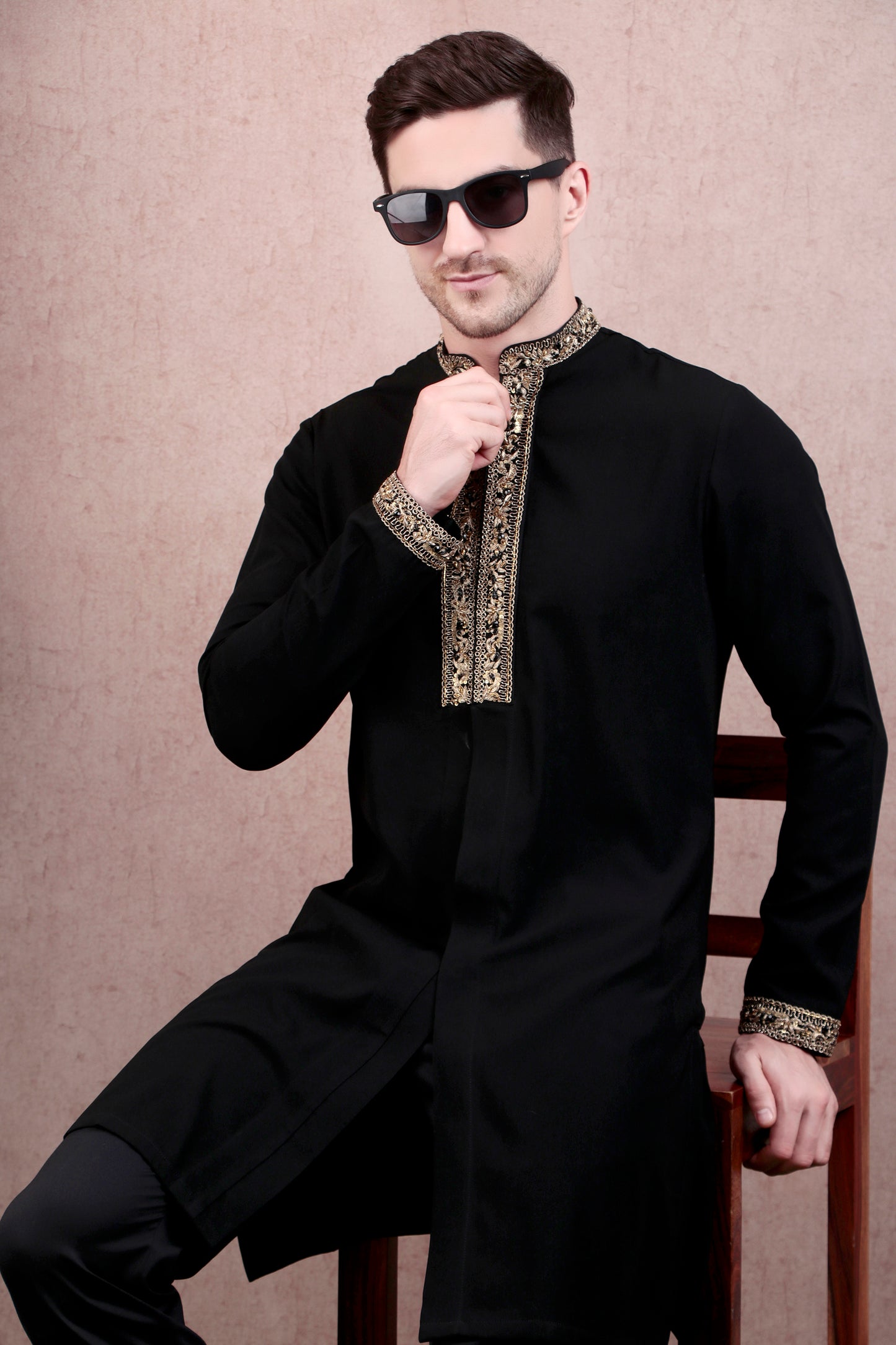Detail view 4 - Men’s Kurta Set – Japanese Lycra (Poly Spandex) in Black with Zari Tape Collar & Placket
