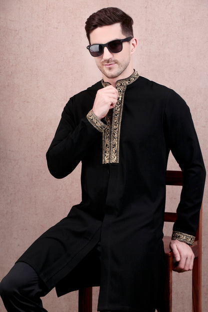 Men’s Kurta Set – Japanese Lycra (Poly Spandex) in Black with Zari Tape Collar & Placket | One Man Show