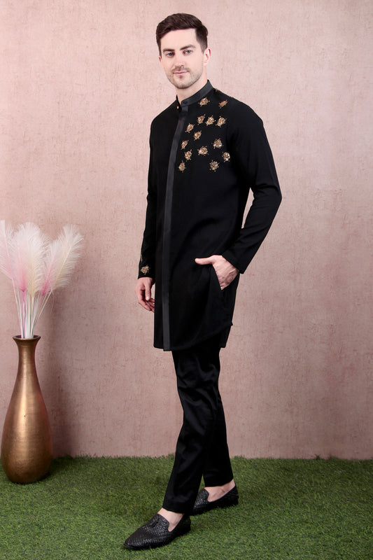 Front view - Men’s Kurta Set – Concealed Placket in Black with Hand-Embroidered Scatter Motifs