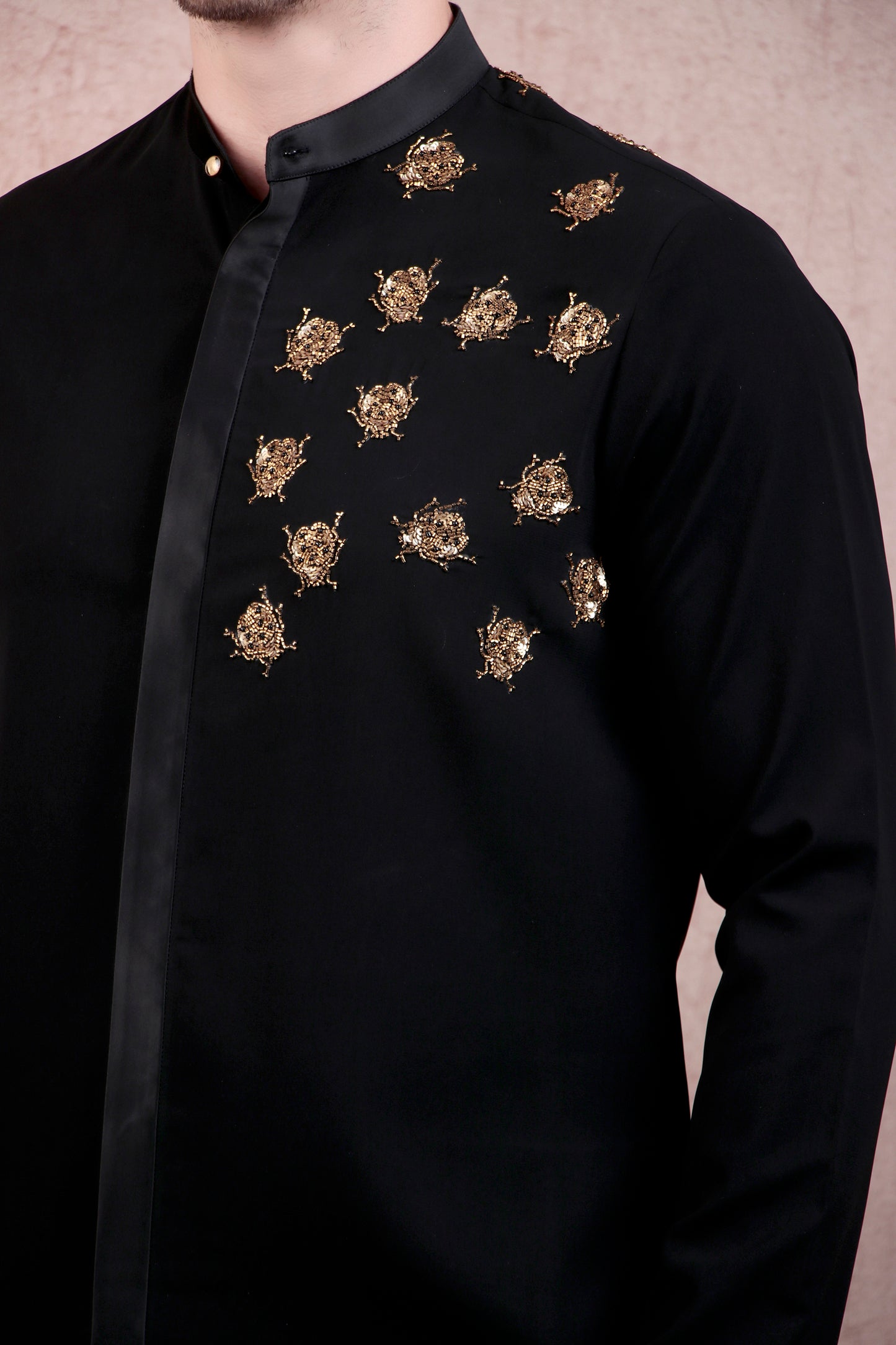 Detail view 1 - Men’s Kurta Set – Concealed Placket in Black with Hand-Embroidered Scatter Motifs