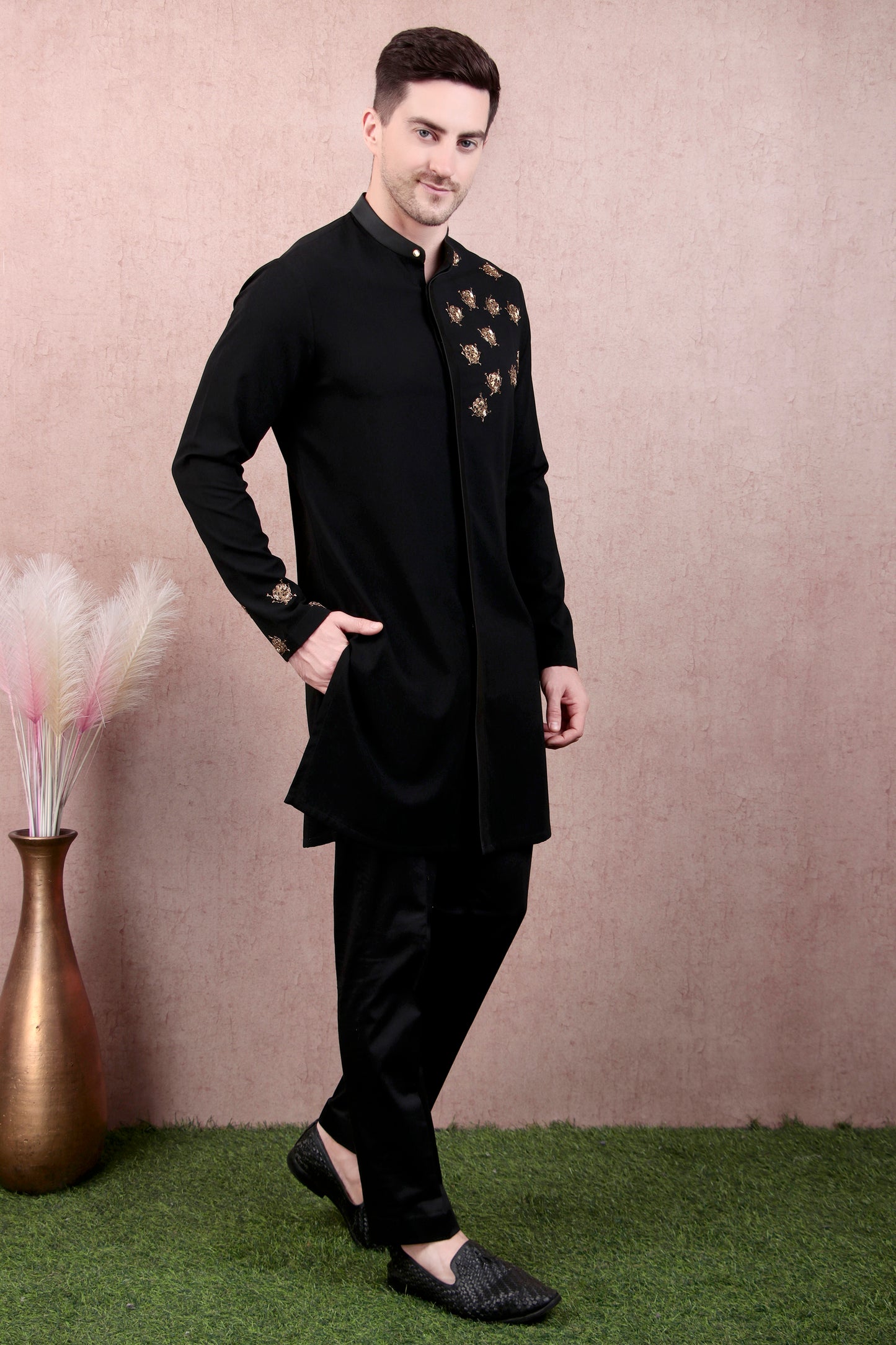 Men’s Kurta Set – Concealed Placket in Black with Hand-Embroidered Scatter Motifs