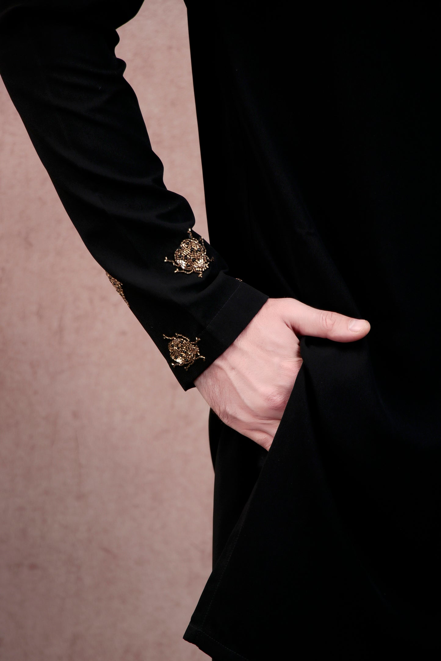 Detail view 3 - Men’s Kurta Set – Concealed Placket in Black with Hand-Embroidered Scatter Motifs