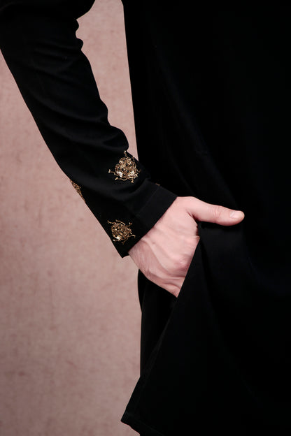 Men’s Kurta Set – Concealed Placket in Black with Hand-Embroidered Scatter Motifs