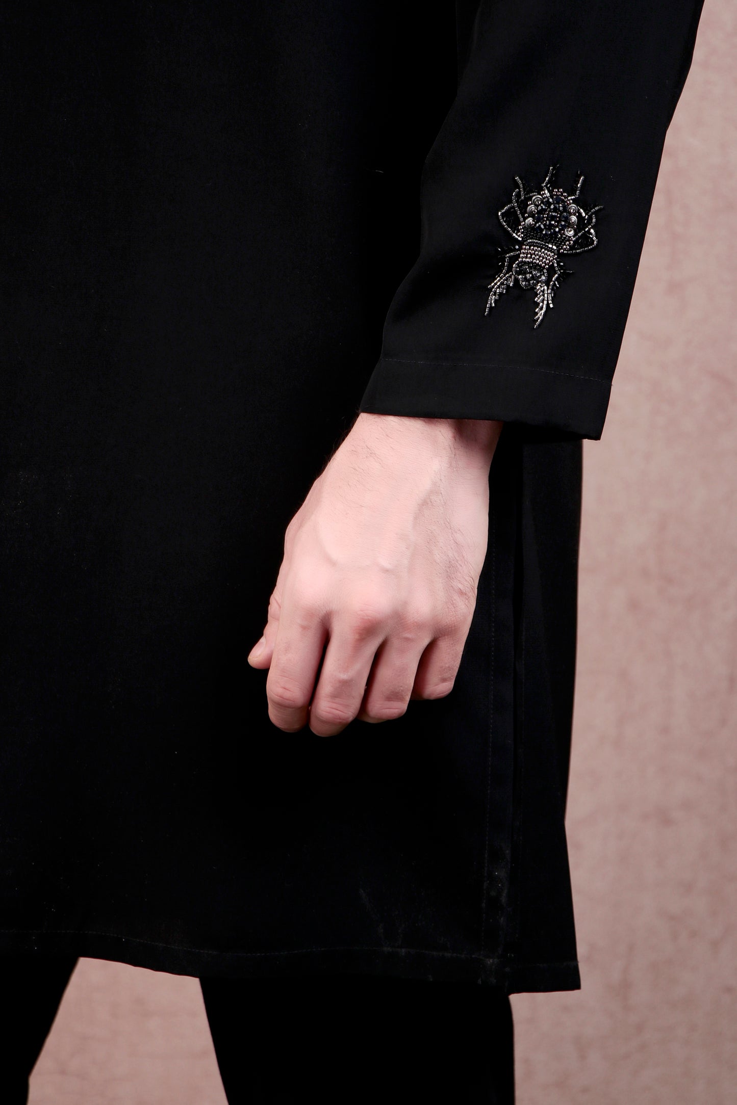 Detail view 1 - Men’s Kurta Set – Korean Wrinkle-Free in Black with Bug-Motif Embroidery & Half-Zip