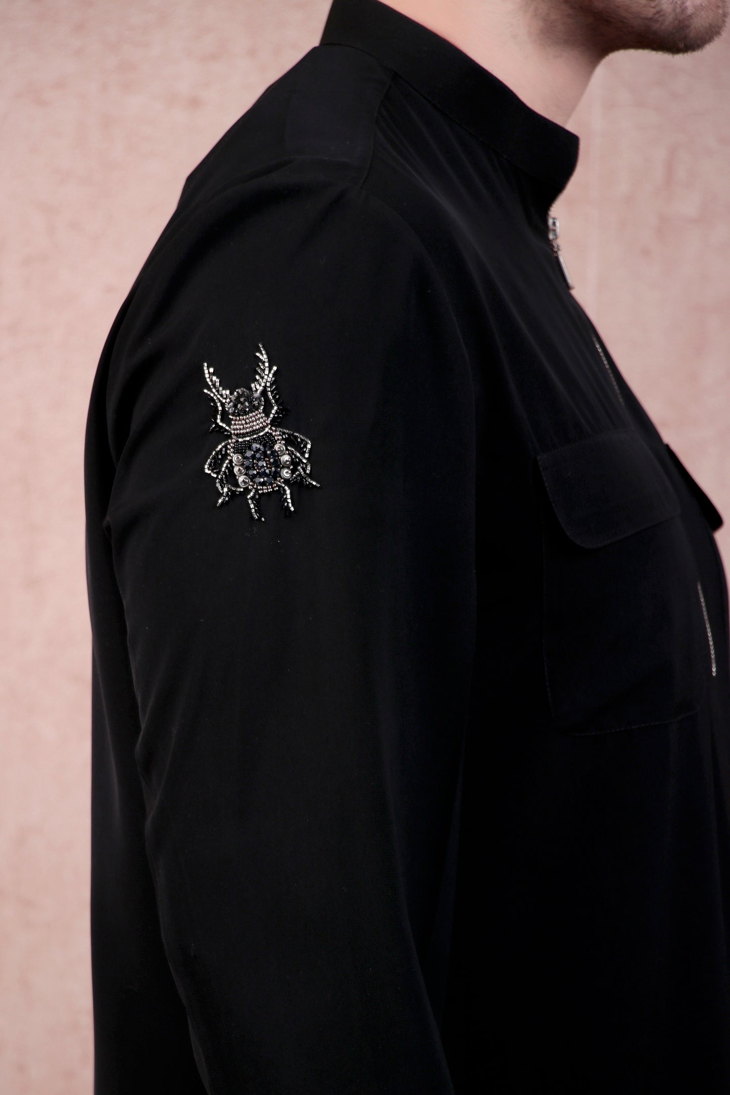 Detail view 4 - Men’s Kurta Set – Korean Wrinkle-Free in Black with Bug-Motif Embroidery & Half-Zip