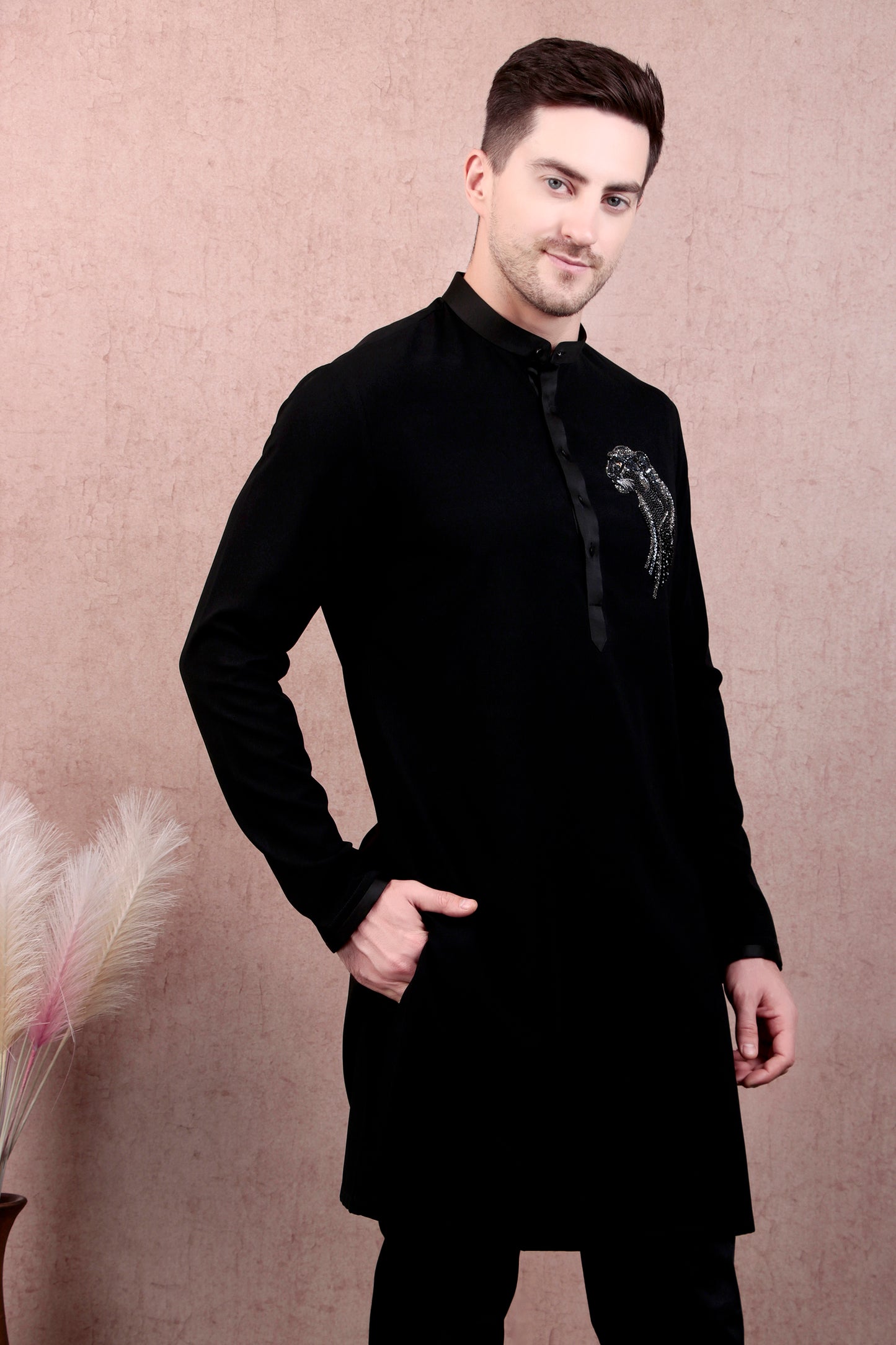 Detail view 1 - Men’s Kurta Set – Japanese Lycra in Black with Panther Motif Hand Embroidery