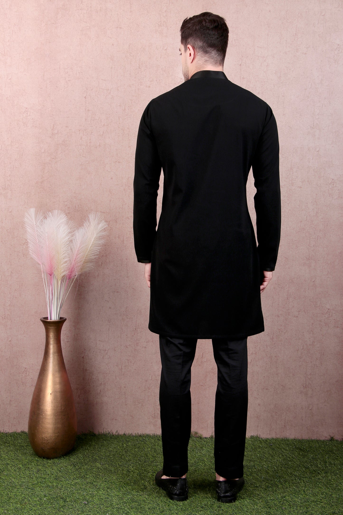 Detail view 3 - Men’s Kurta Set – Japanese Lycra in Black with Panther Motif Hand Embroidery