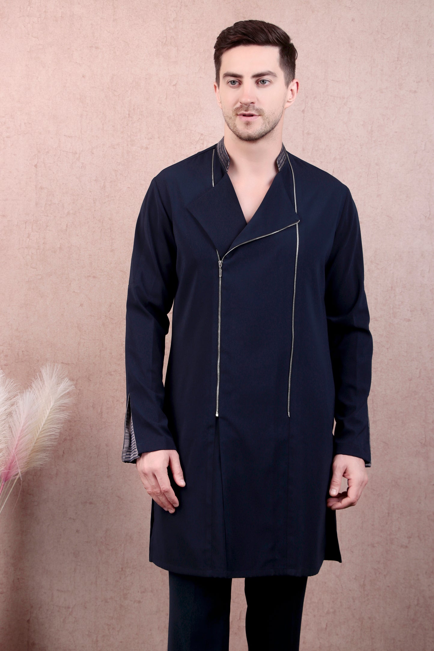 Detail view 1 - Men’s Kurta Set – Korean Wrinkle-Free in Navy with Asymmetric Zip Front & Sleeve Detail