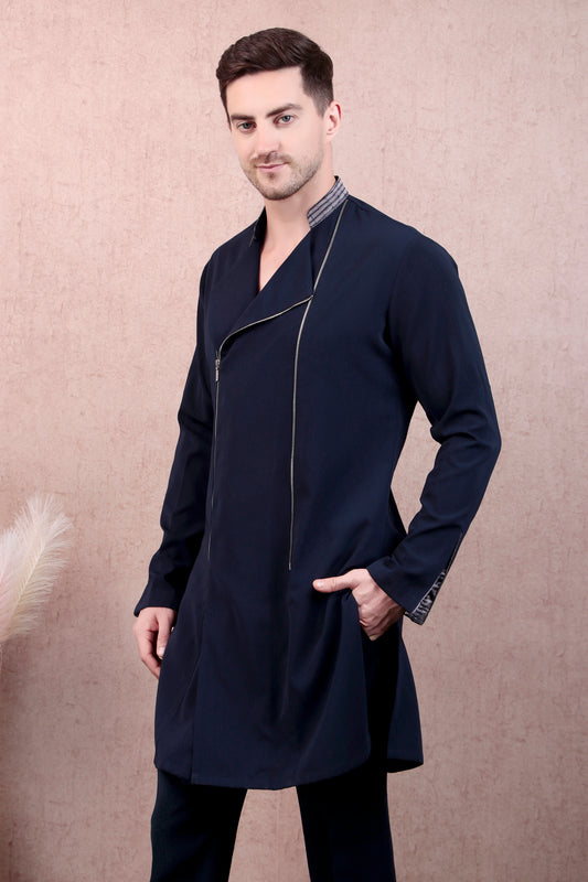 Front view - Men’s Kurta Set – Korean Wrinkle-Free in Navy with Asymmetric Zip Front & Sleeve Detail