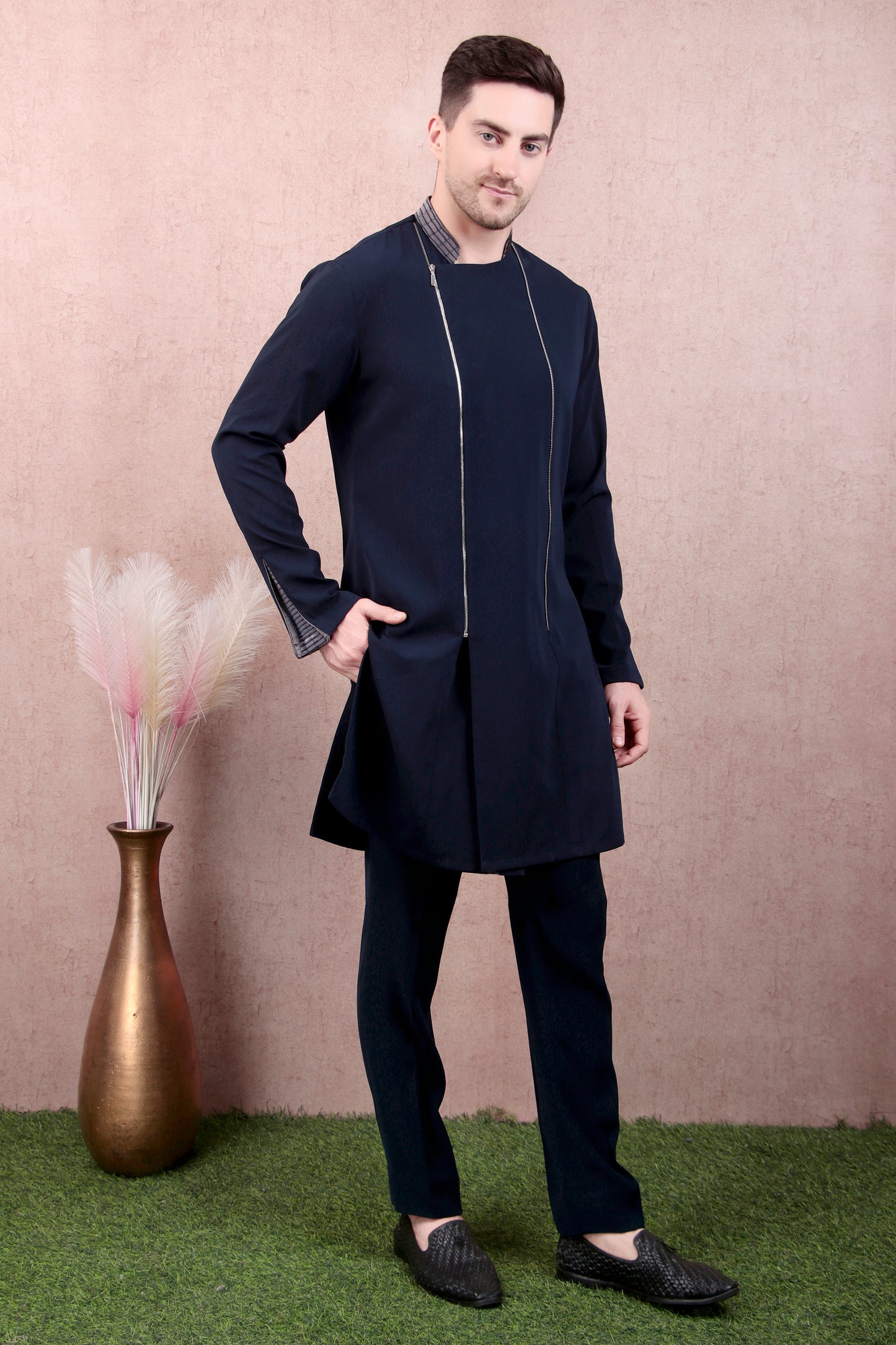 Detail view 3 - Men’s Kurta Set – Korean Wrinkle-Free in Navy with Asymmetric Zip Front & Sleeve Detail