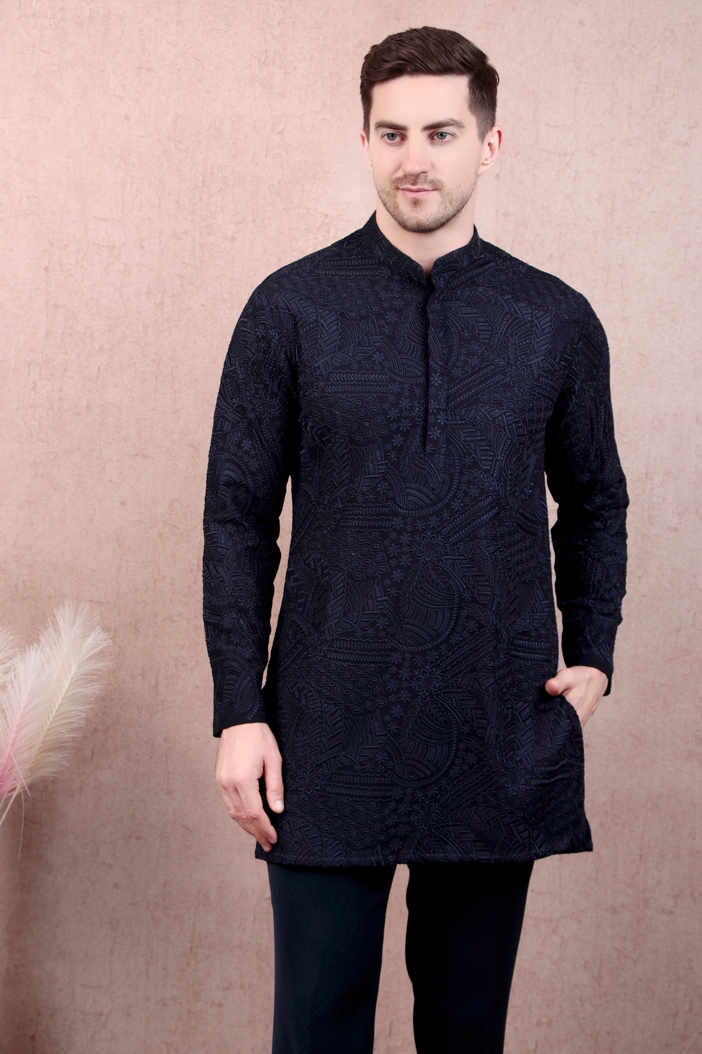 Side view - Men’s Kurta Set – Georgette in Navy Blue with Silk Thread Embroidery & Statement Buttons