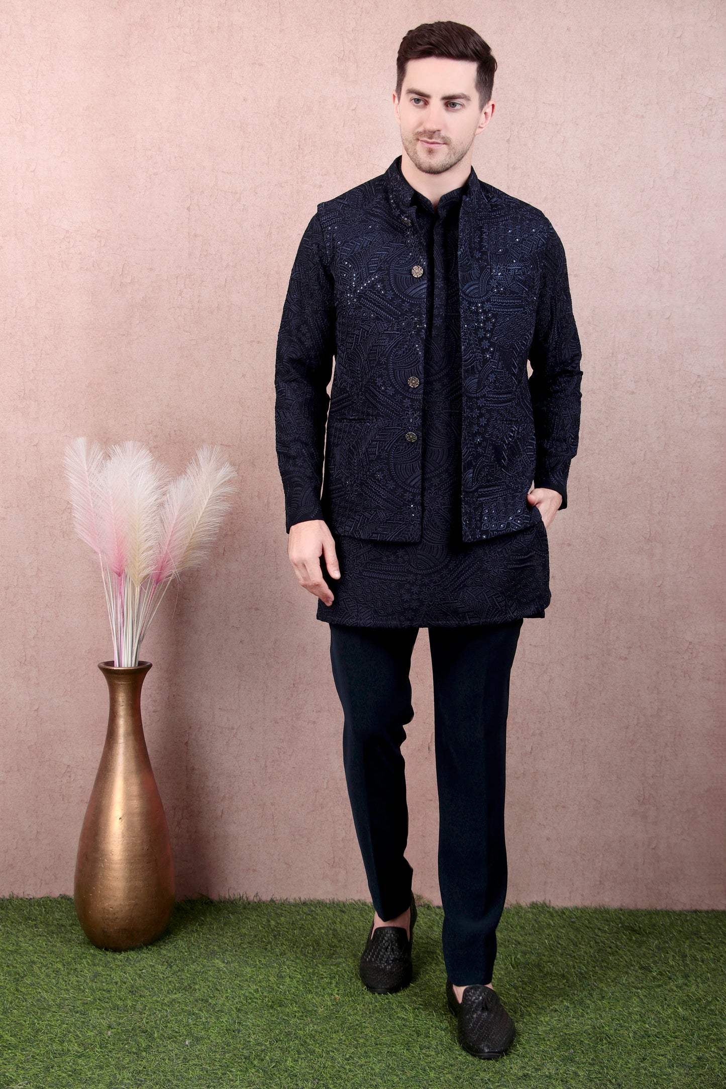 Back view - Men’s Kurta Set – Georgette in Navy Blue with Silk Thread Embroidery & Statement Buttons