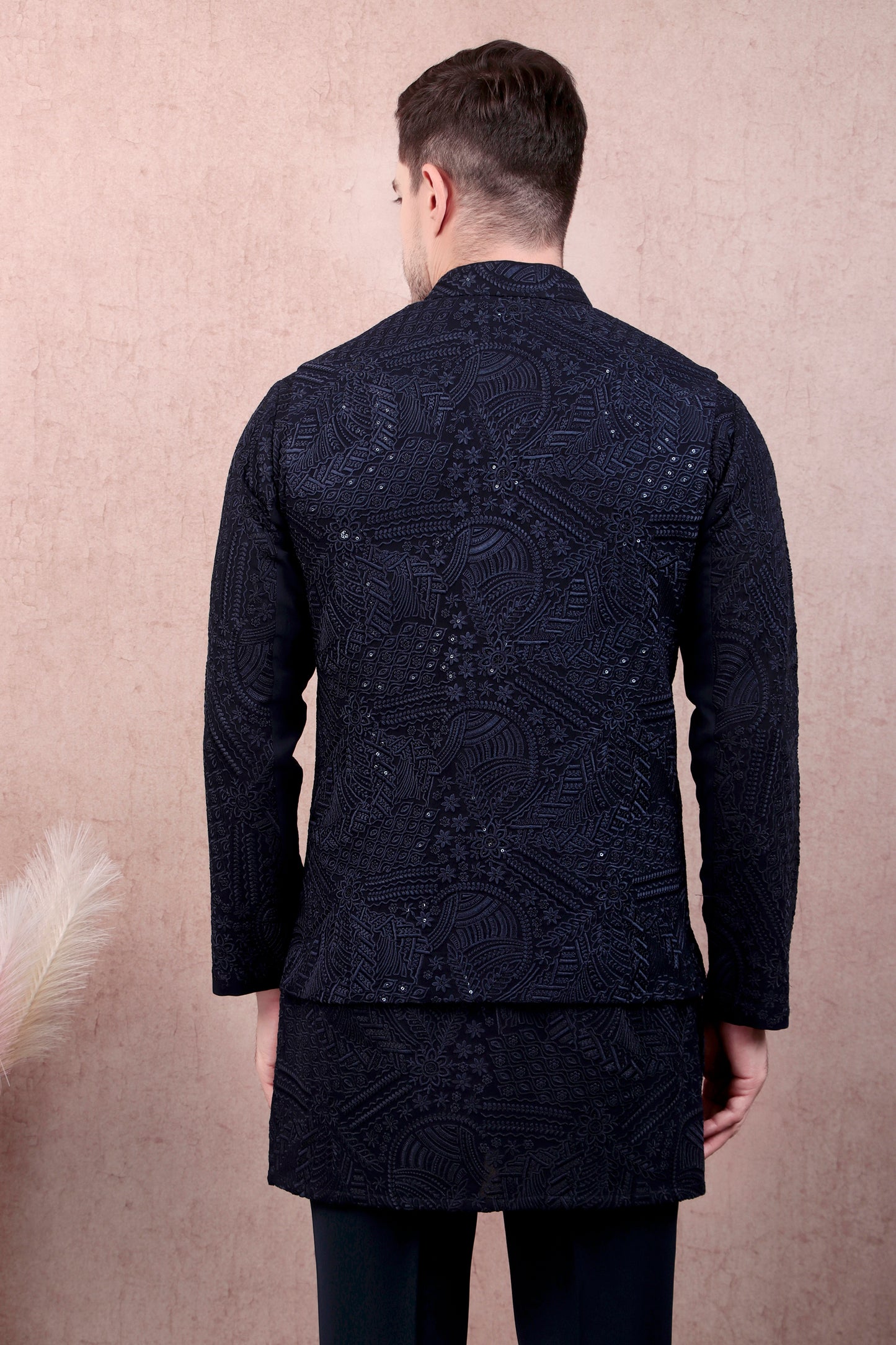 Detail view 4 - Men’s Kurta Set – Georgette in Navy Blue with Silk Thread Embroidery & Statement Buttons