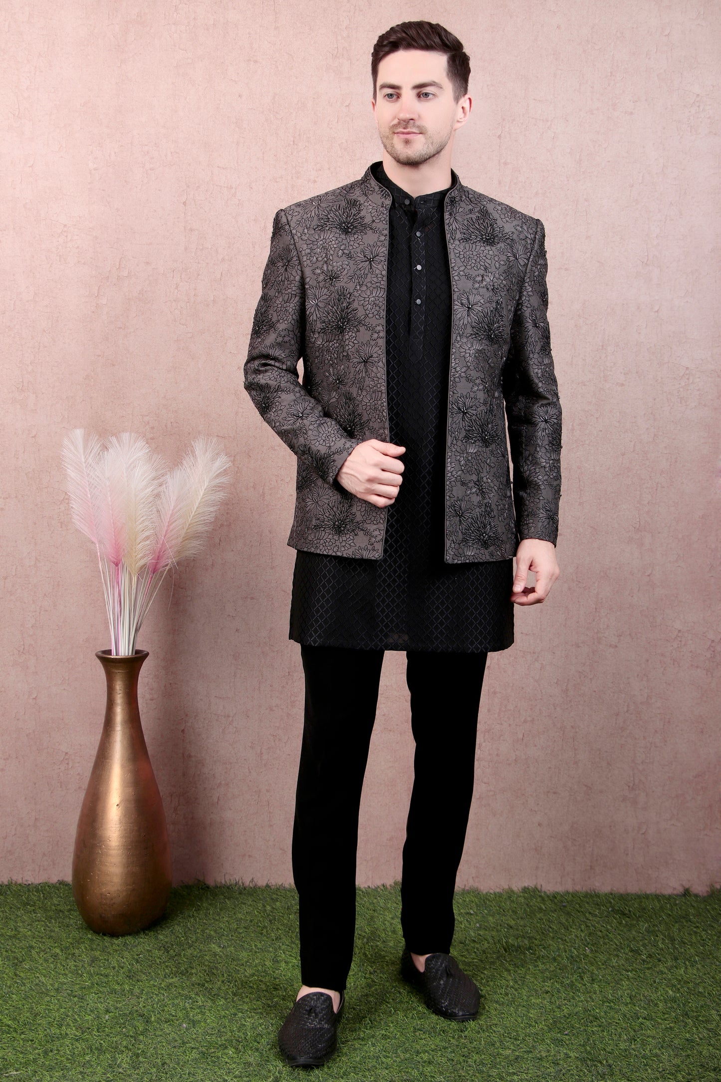 Detail view 1 - Men’s Kurta Set – Silk in Grey with Floral Thread & Bead Embroidery Jacket over Georgette Kurta