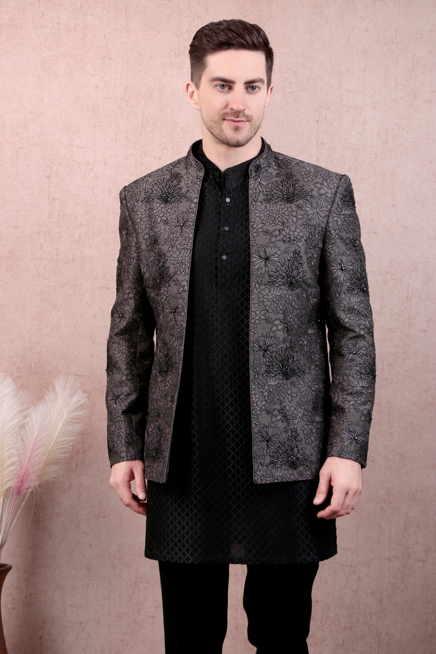 Detail view 2 - Men’s Kurta Set – Silk in Grey with Floral Thread & Bead Embroidery Jacket over Georgette Kurta
