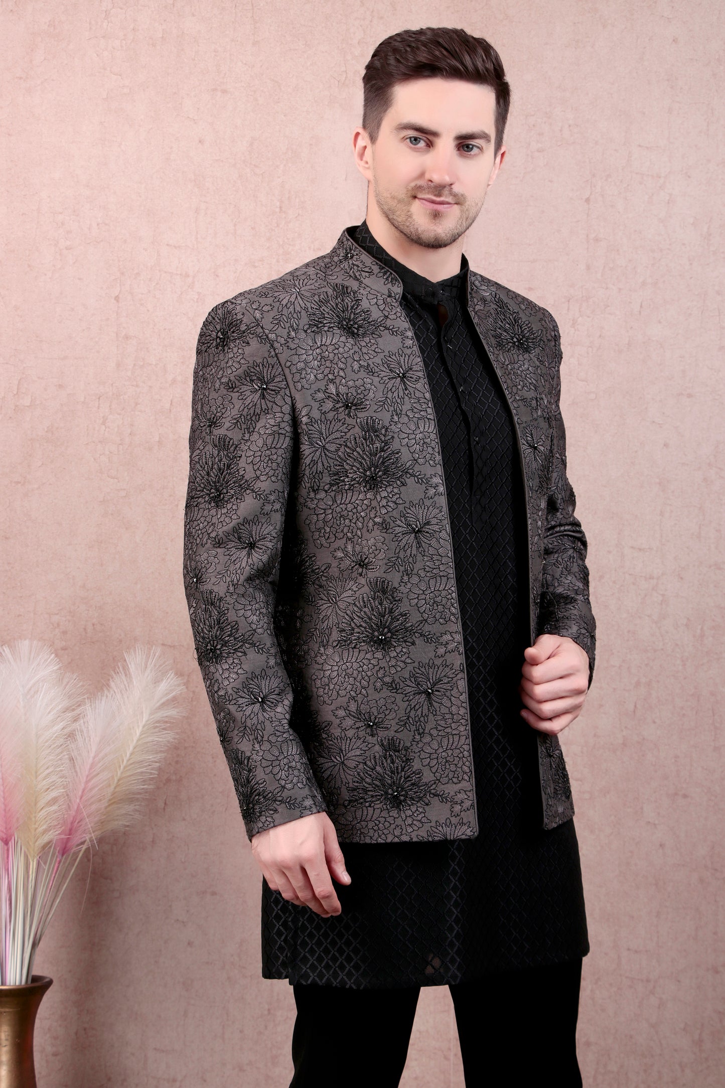 Front view - Men’s Kurta Set – Silk in Grey with Floral Thread & Bead Embroidery Jacket over Georgette Kurta