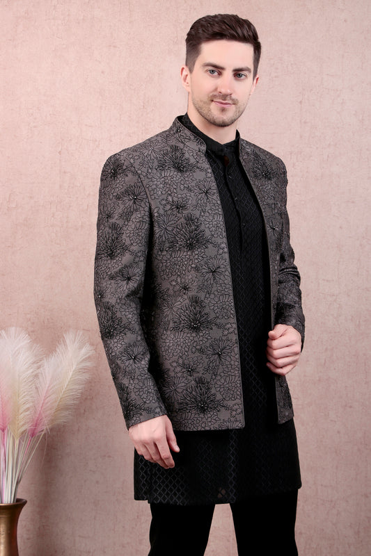 Front view - Men’s Kurta Set – Silk in Grey with Floral Thread & Bead Embroidery Jacket over Georgette Kurta