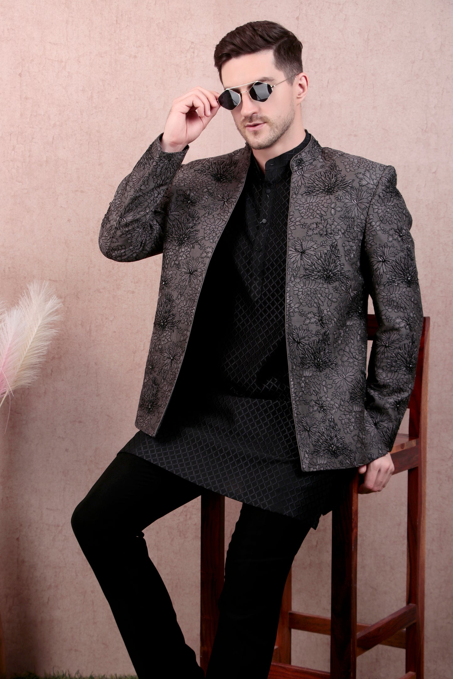 Detail view 6 - Men’s Kurta Set – Silk in Grey with Floral Thread & Bead Embroidery Jacket over Georgette Kurta