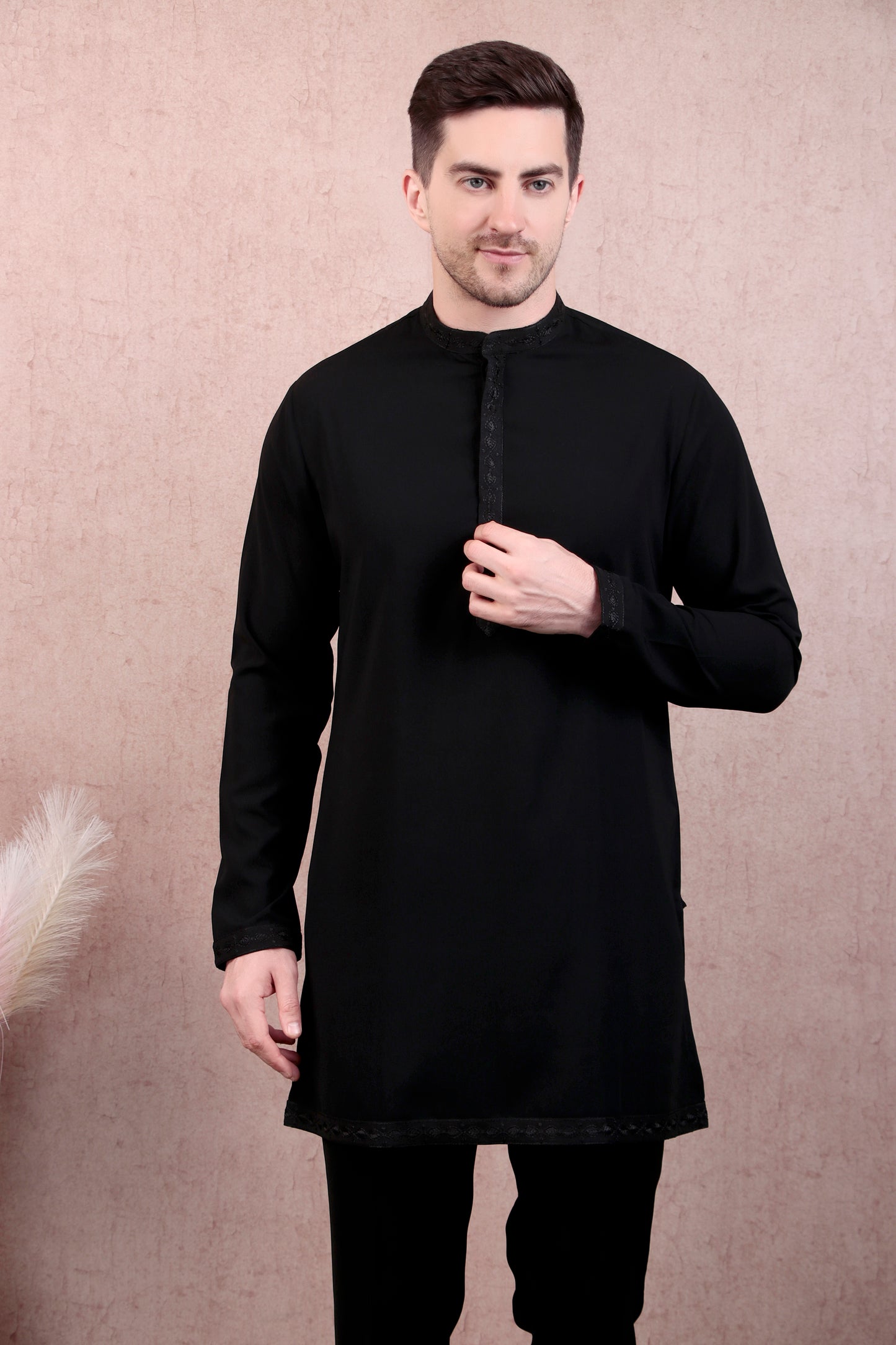 Detail view 3 - Men’s Kurta Set – Silk in Brown with Abstract Silk Thread & Hand Embroidery Jacket over Japanese Lycra Kurta