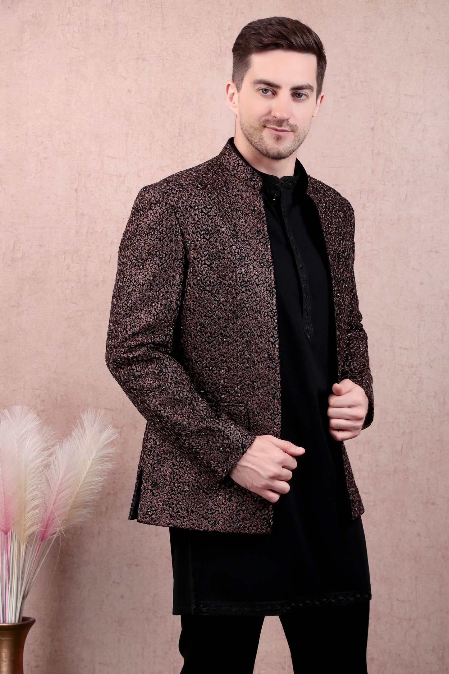 Side view - Men’s Kurta Set – Silk in Brown with Abstract Silk Thread & Hand Embroidery Jacket over Japanese Lycra Kurta