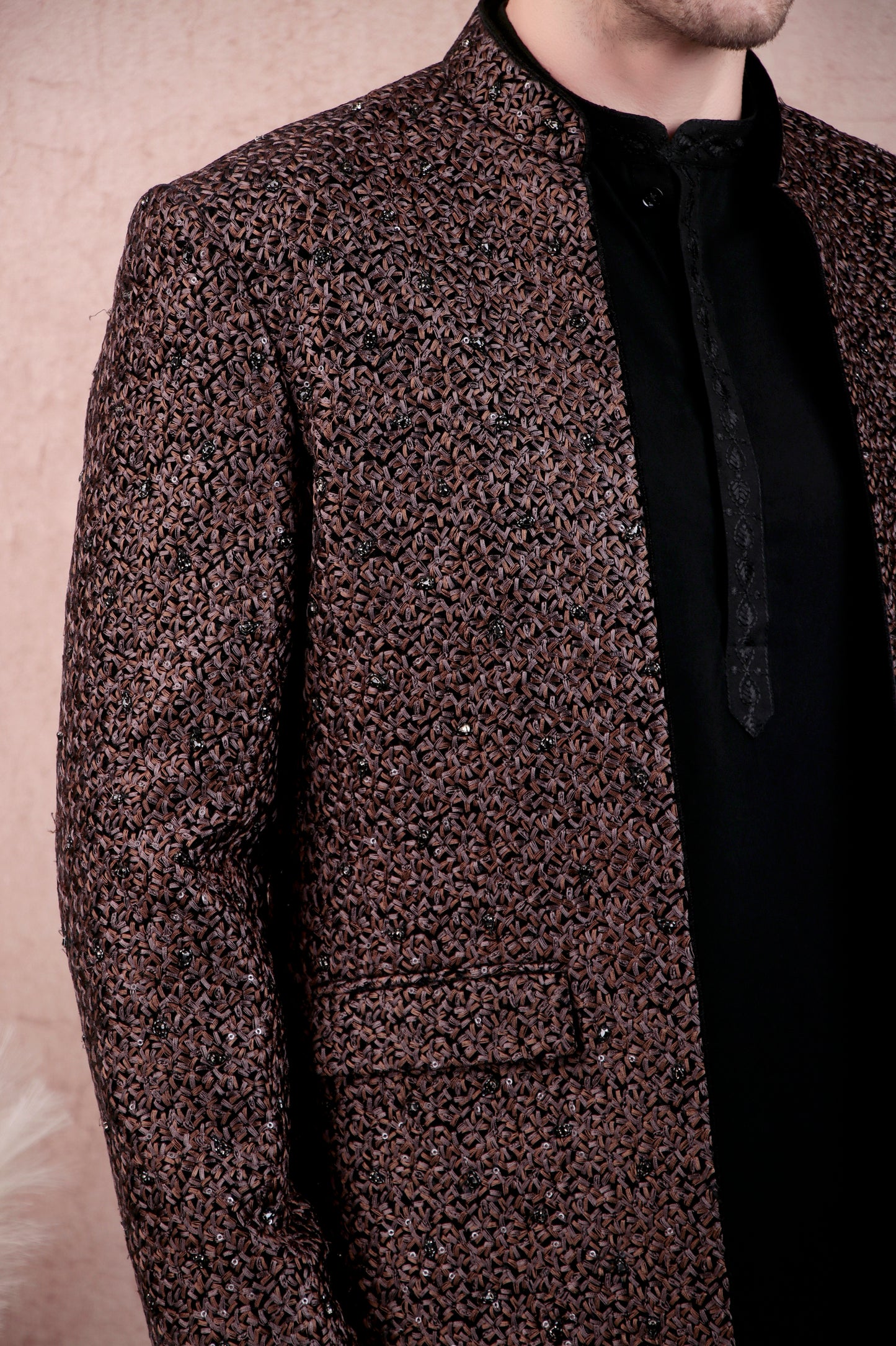 Back view - Men’s Kurta Set – Silk in Brown with Abstract Silk Thread & Hand Embroidery Jacket over Japanese Lycra Kurta