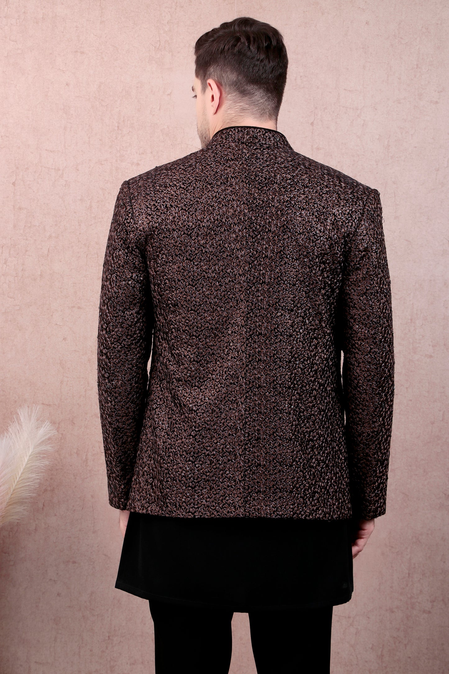 Detail view 1 - Men’s Kurta Set – Silk in Brown with Abstract Silk Thread & Hand Embroidery Jacket over Japanese Lycra Kurta